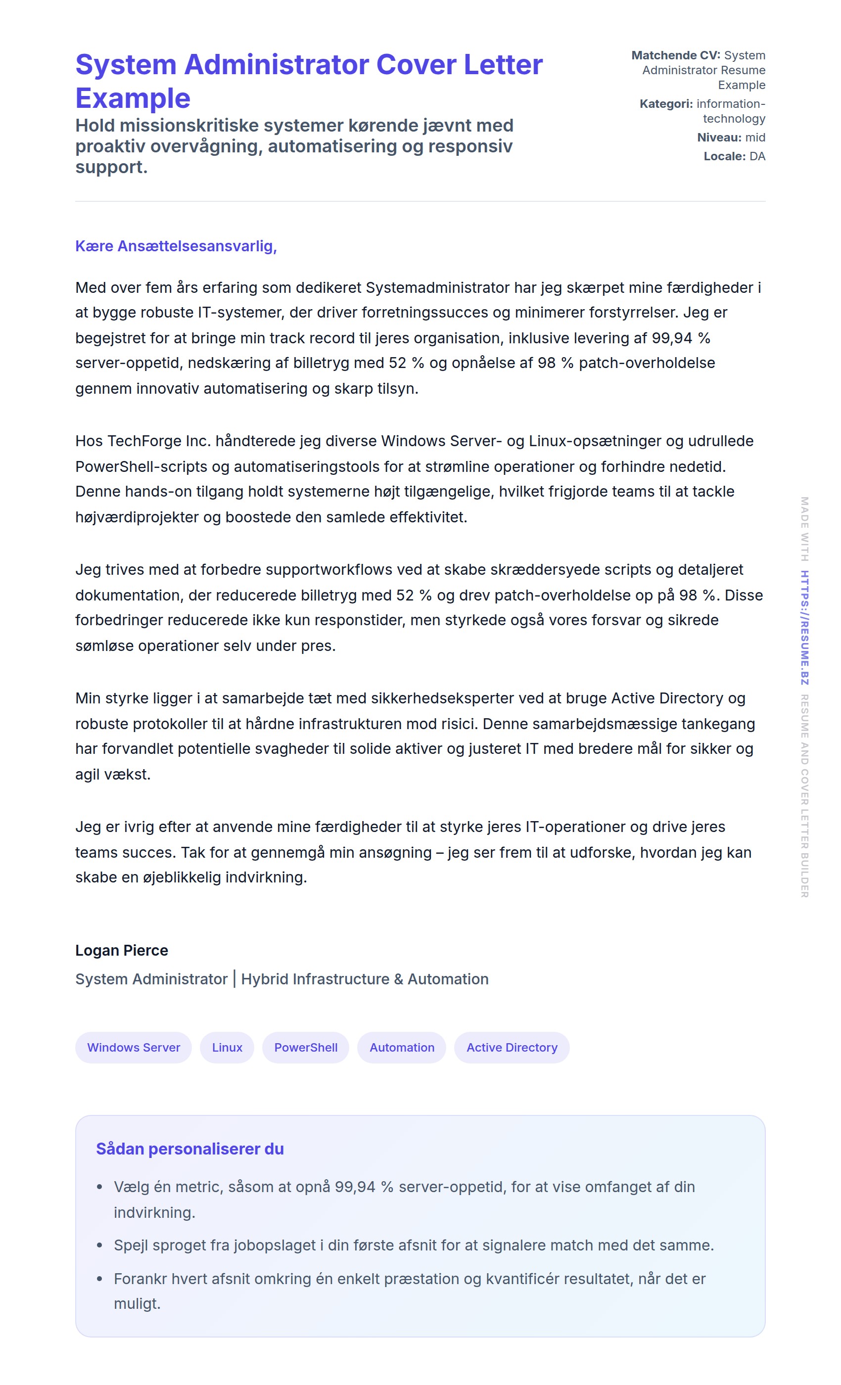 Ansøgningsbrev forhåndsvisning for System Administrator Cover Letter Example