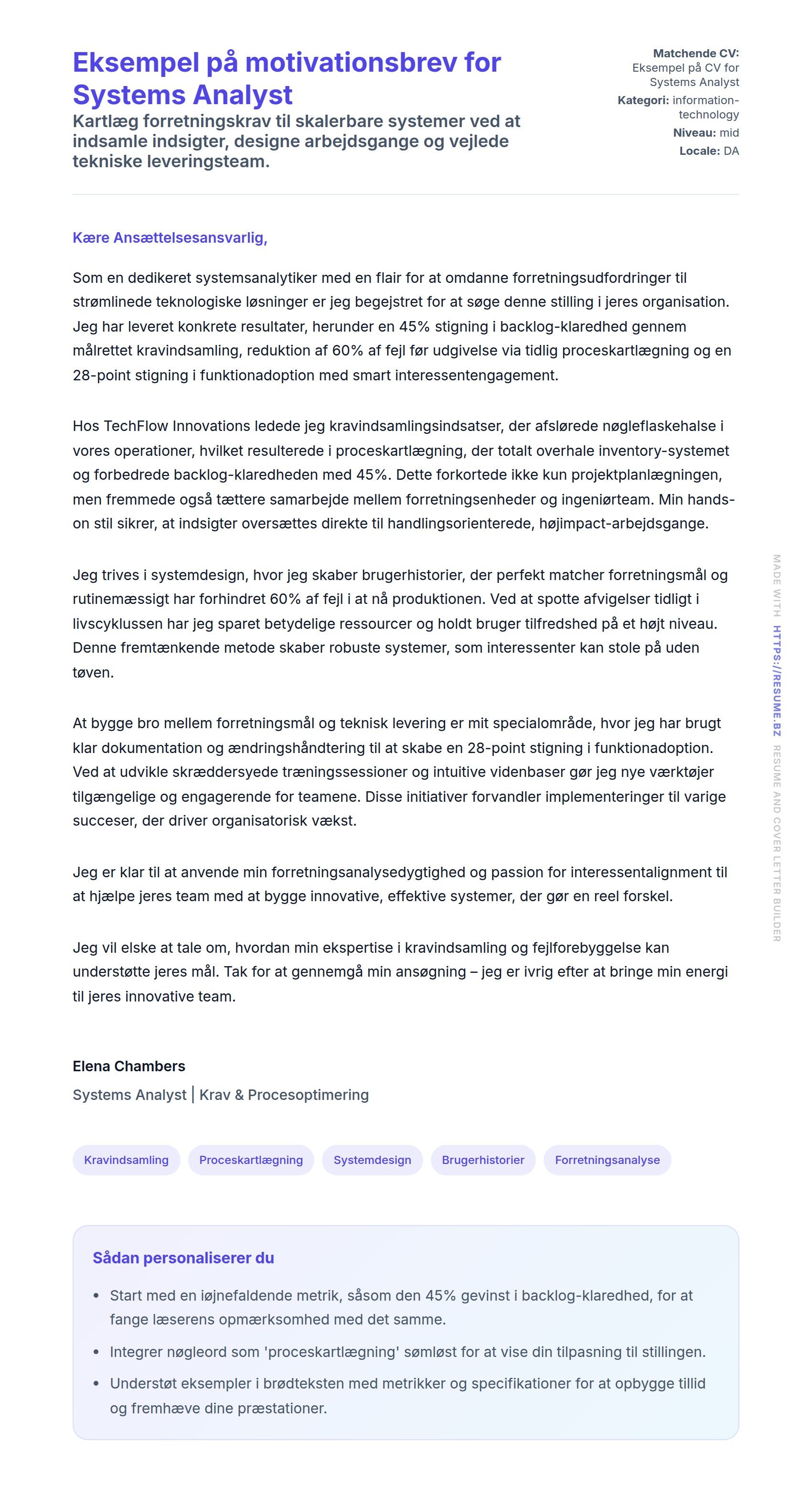 Ansøgningsbrev forhåndsvisning for Eksempel på motivationsbrev for Systems Analyst