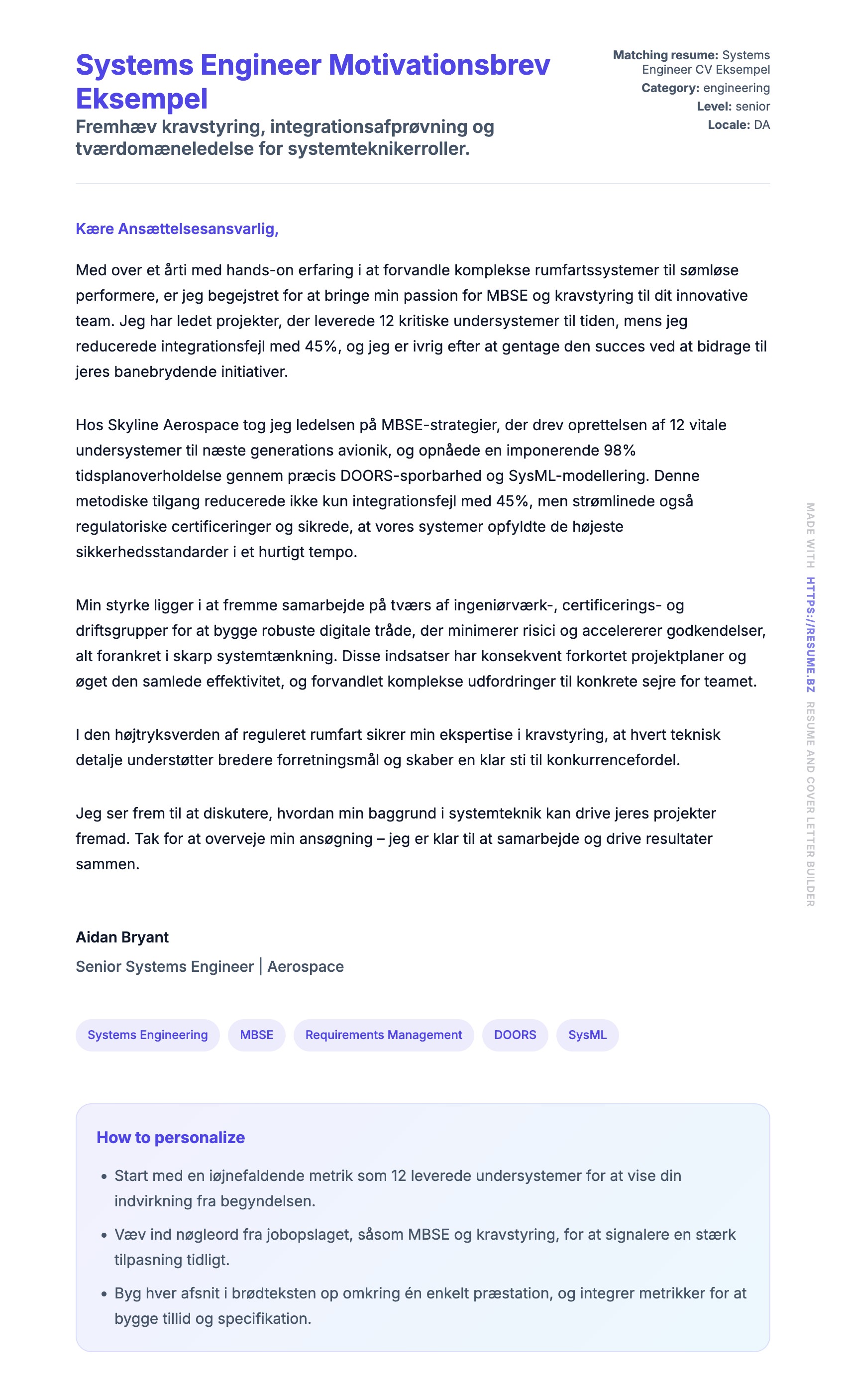 Ansøgningsbrev forhåndsvisning for Systems Engineer Motivationsbrev Eksempel