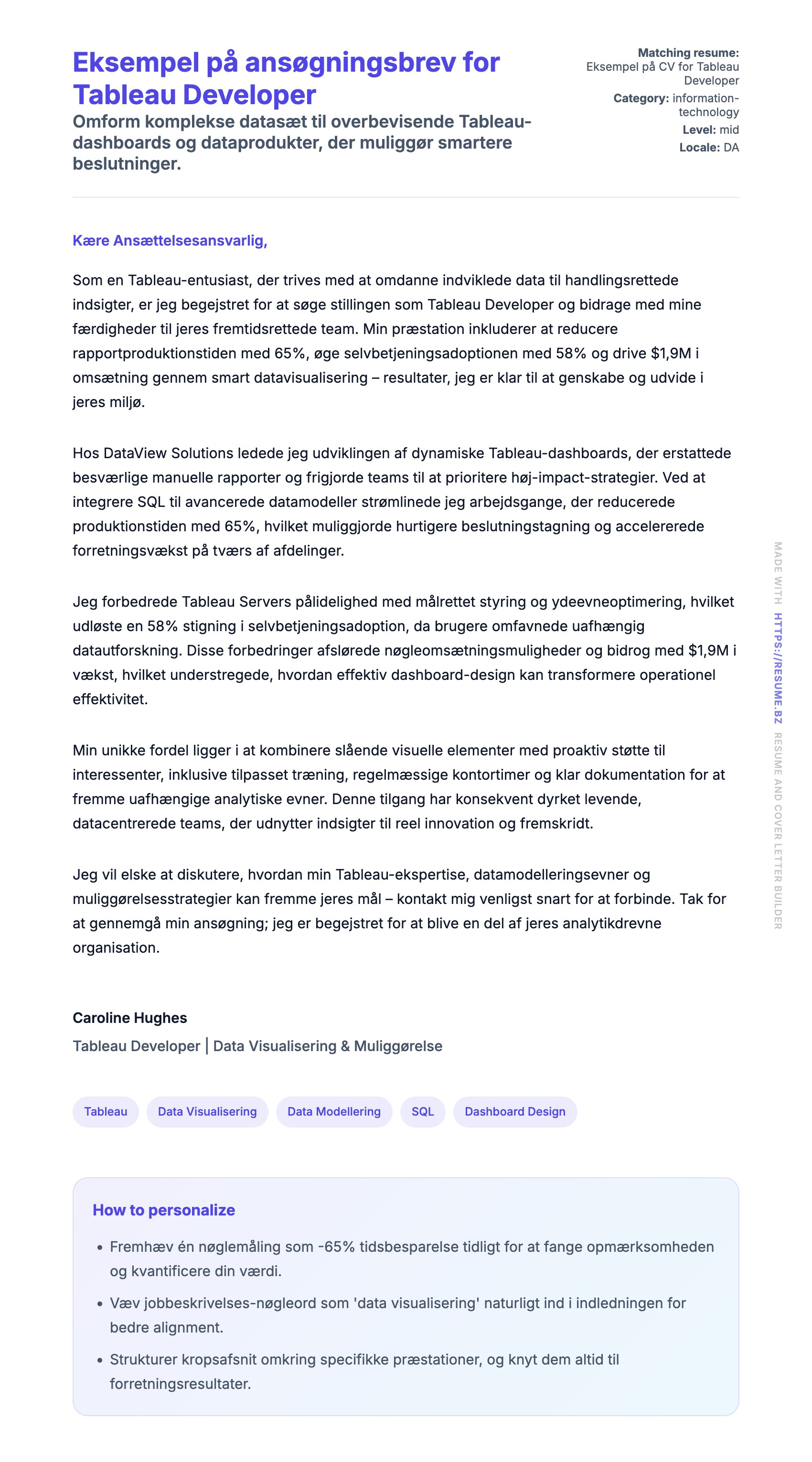 Ansøgningsbrev forhåndsvisning for Eksempel på ansøgningsbrev for Tableau Developer