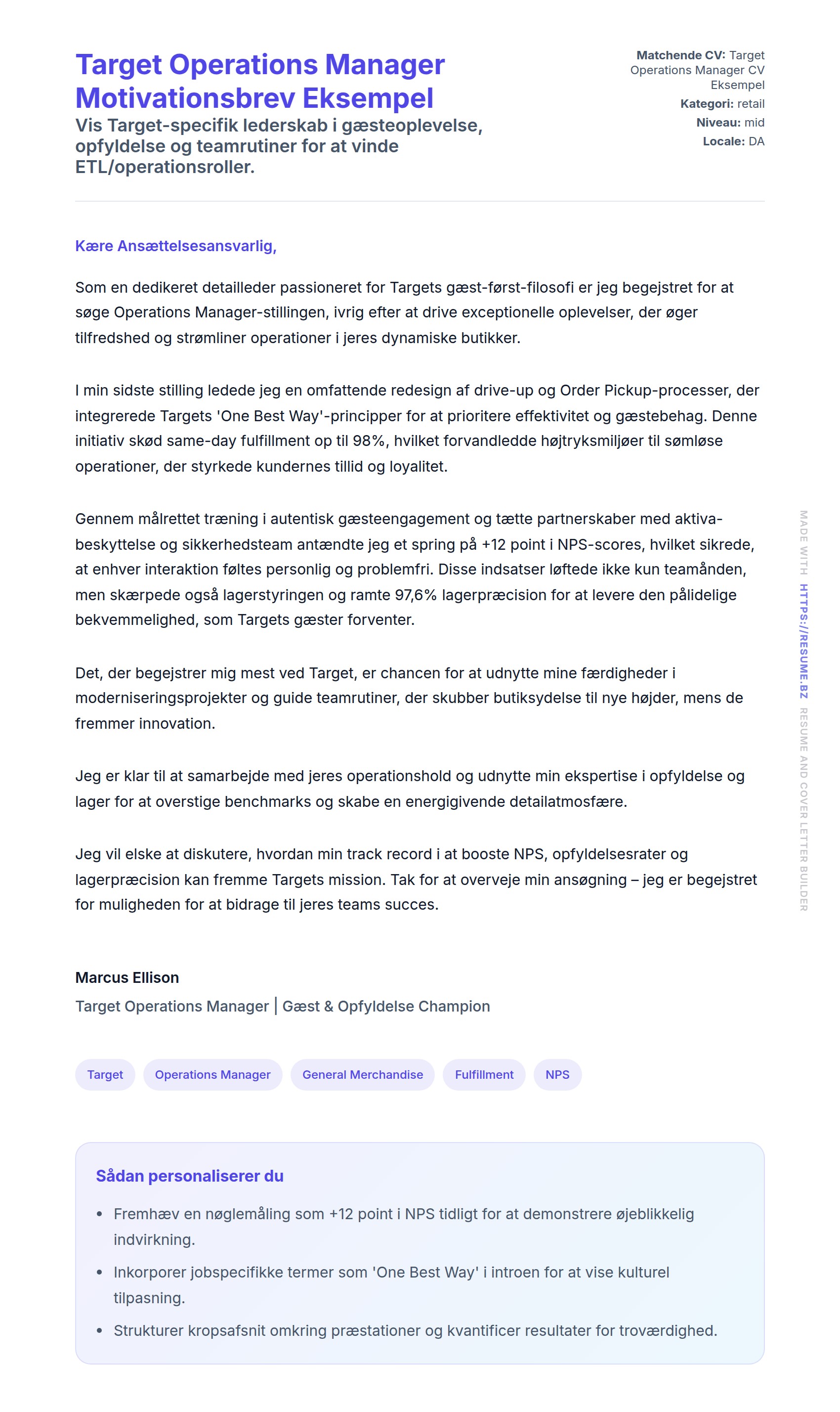 Ansøgningsbrev forhåndsvisning for Target Operations Manager Motivationsbrev Eksempel