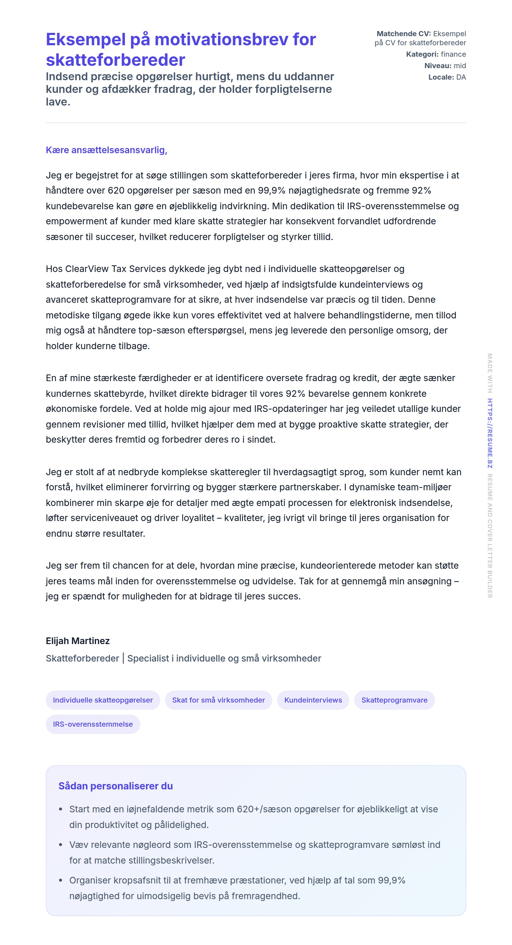 Ansøgningsbrev forhåndsvisning for Eksempel på motivationsbrev for skatteforbereder