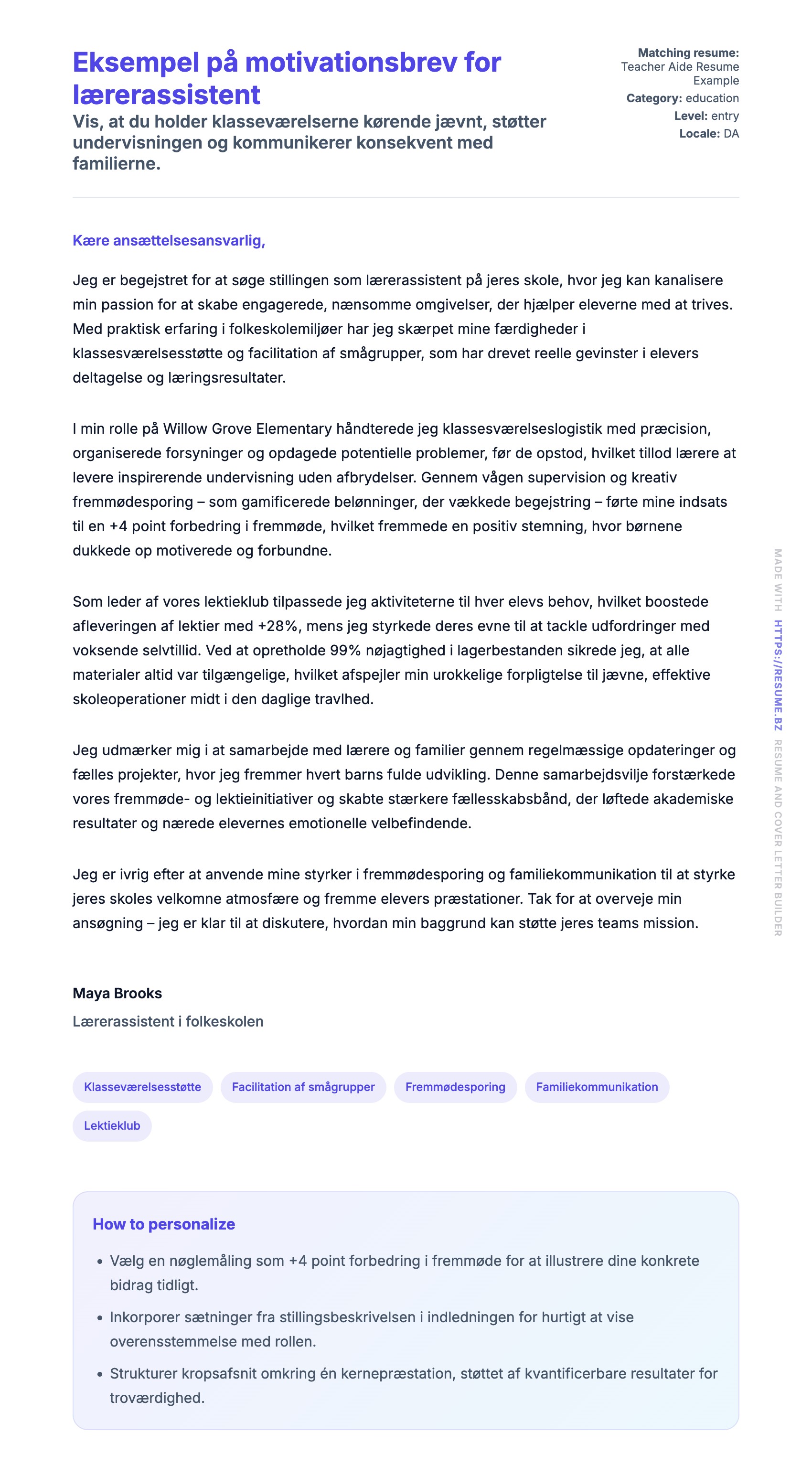 Ansøgningsbrev forhåndsvisning for Eksempel på motivationsbrev for lærerassistent