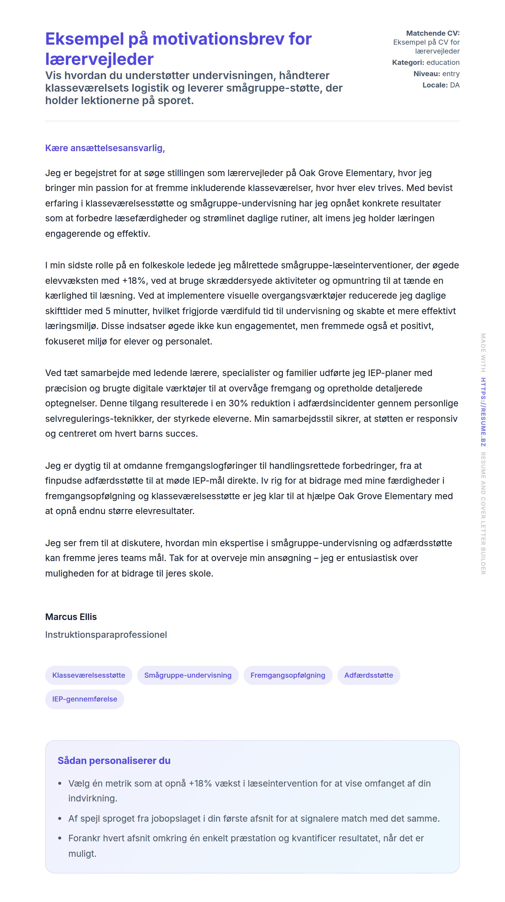 Ansøgningsbrev forhåndsvisning for Eksempel på motivationsbrev for lærervejleder