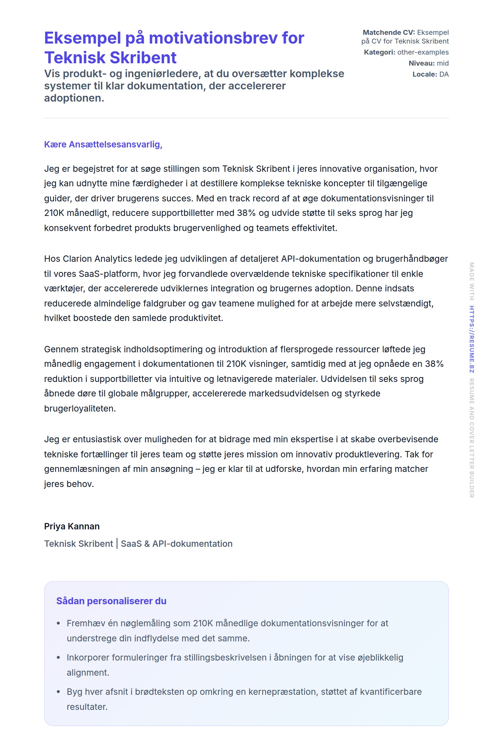 Ansøgningsbrev forhåndsvisning for Eksempel på motivationsbrev for Teknisk Skribent