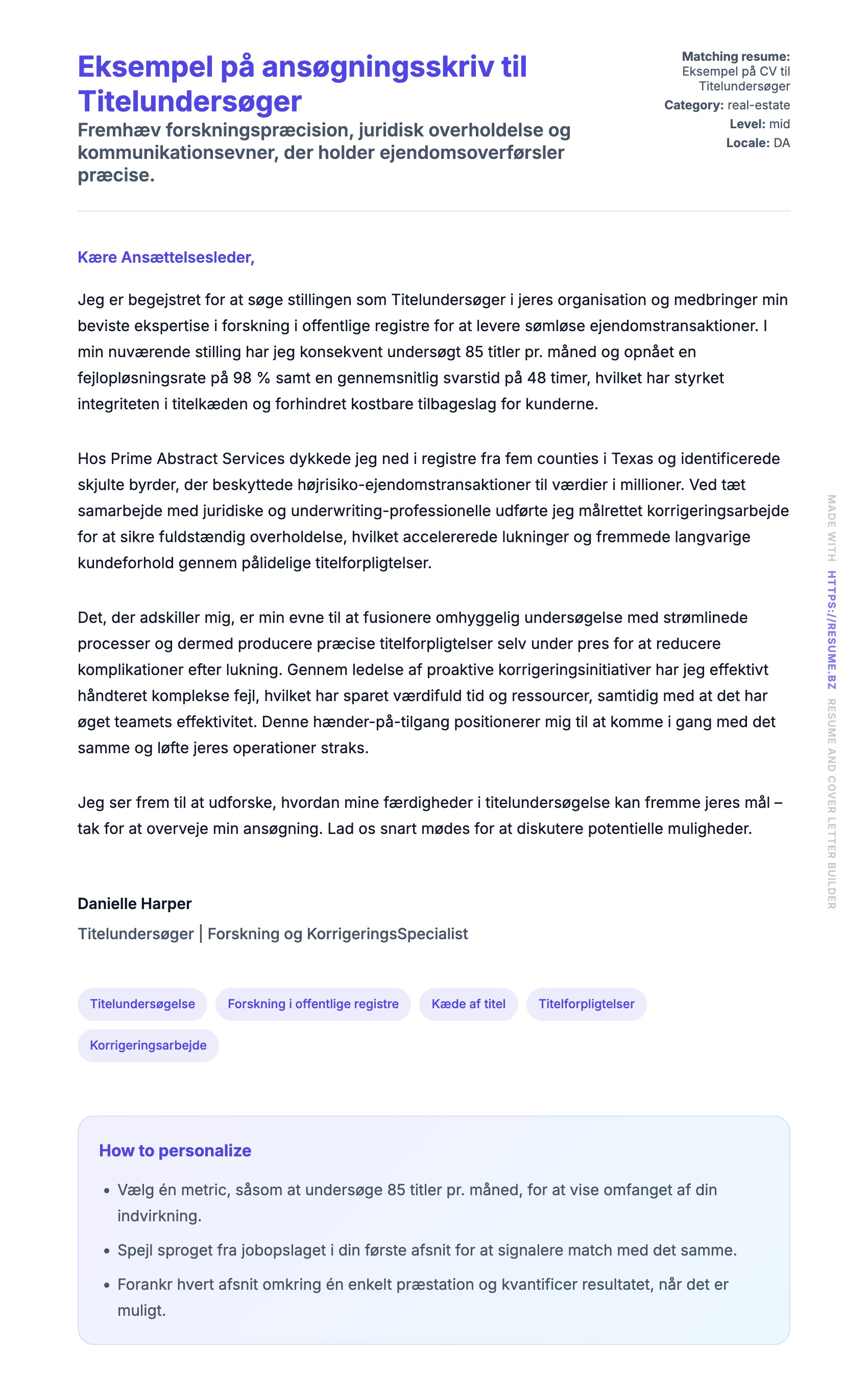 Ansøgningsbrev forhåndsvisning for Eksempel på ansøgningsskriv til Titelundersøger