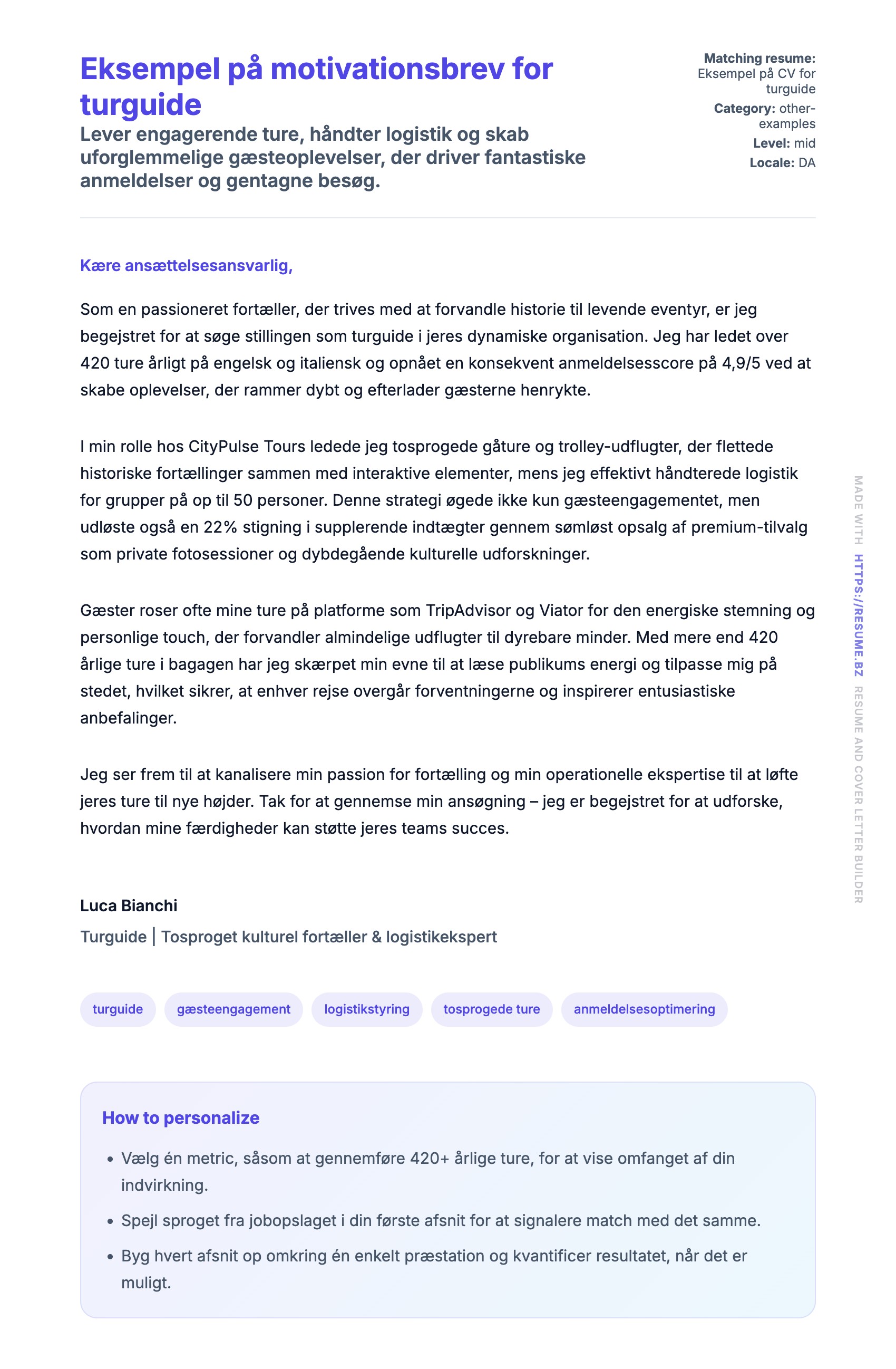 Ansøgningsbrev forhåndsvisning for Eksempel på motivationsbrev for turguide