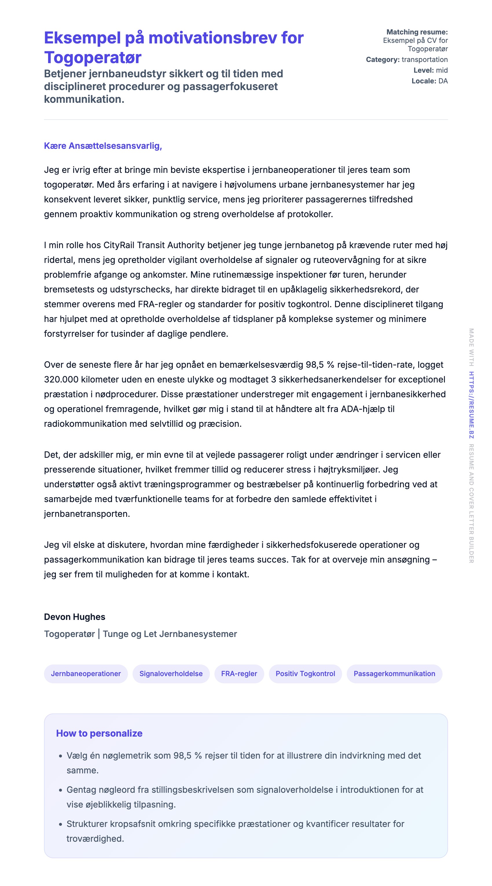 Ansøgningsbrev forhåndsvisning for Eksempel på motivationsbrev for Togoperatør