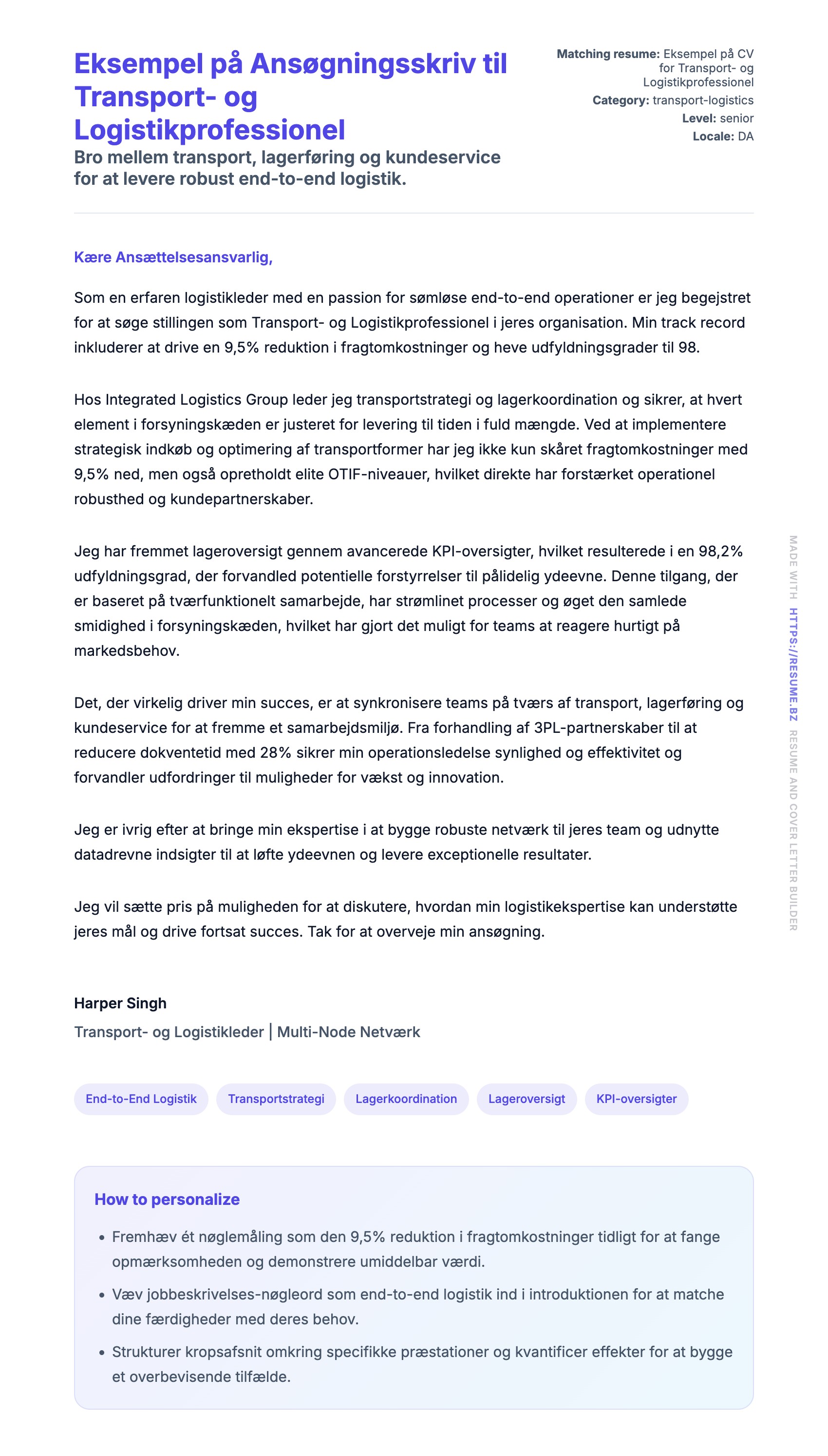 Ansøgningsbrev forhåndsvisning for Eksempel på Ansøgningsskriv til Transport- og Logistikprofessionel