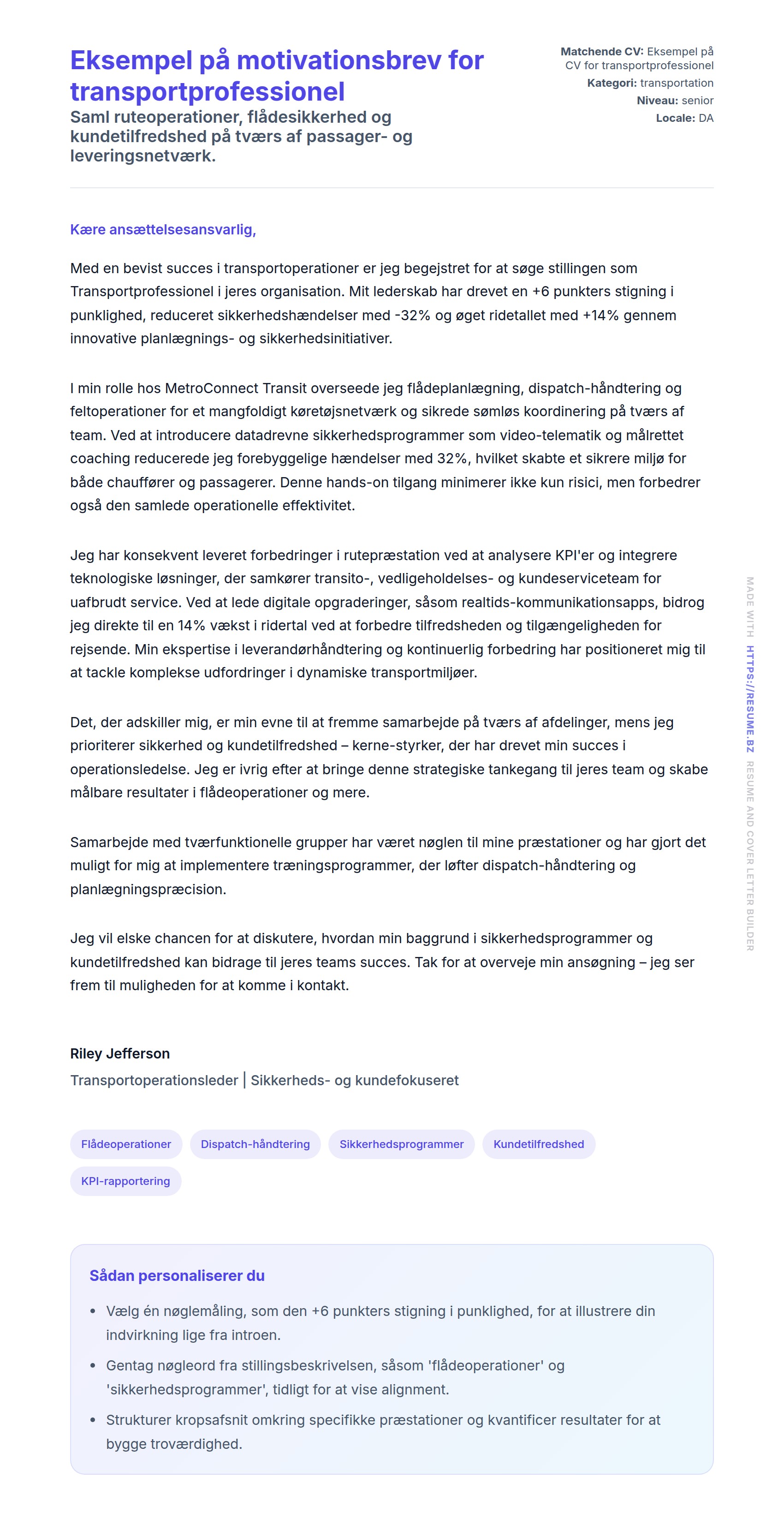 Eksempel på motivationsbrev for transportprofessionel