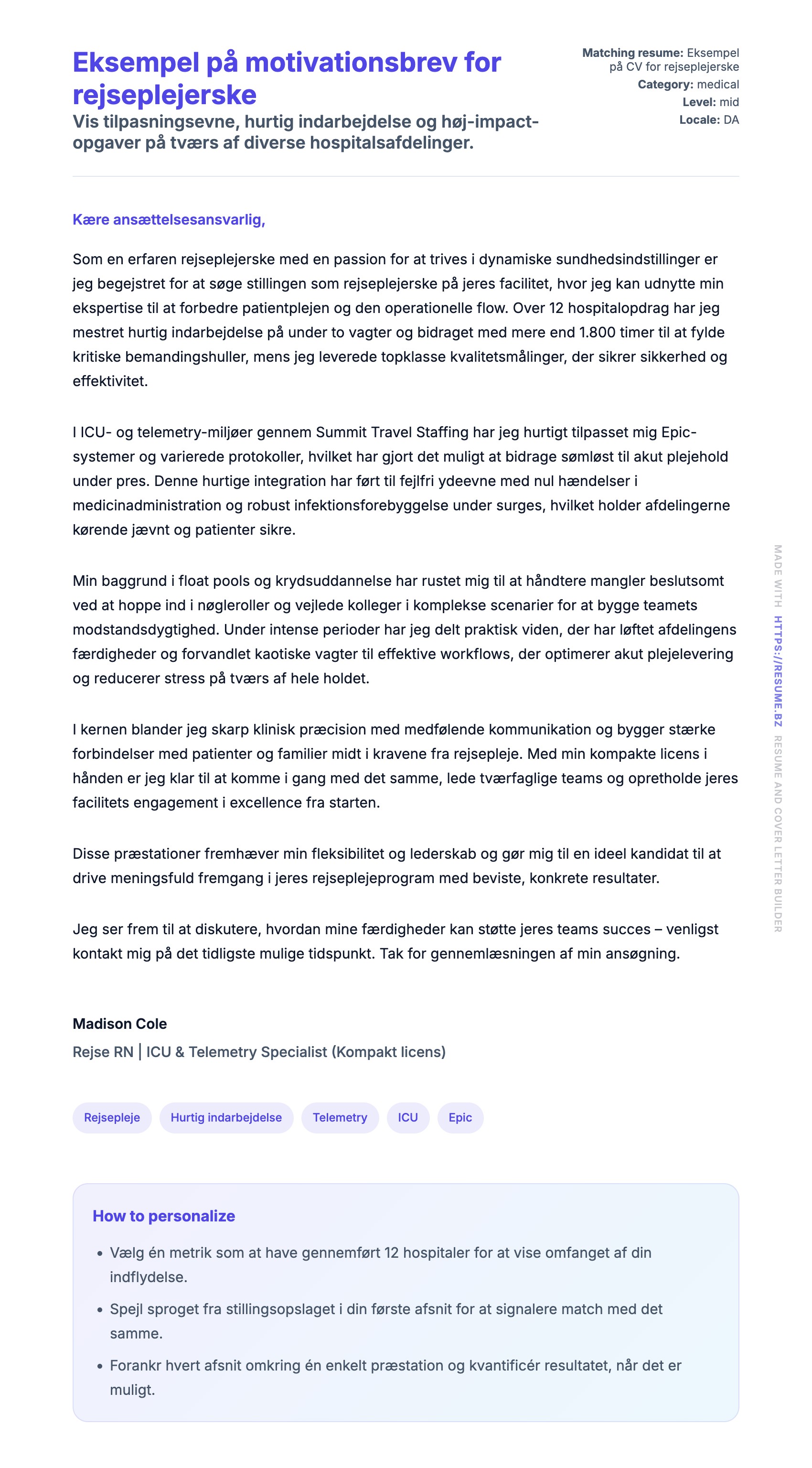 Ansøgningsbrev forhåndsvisning for Eksempel på motivationsbrev for rejseplejerske