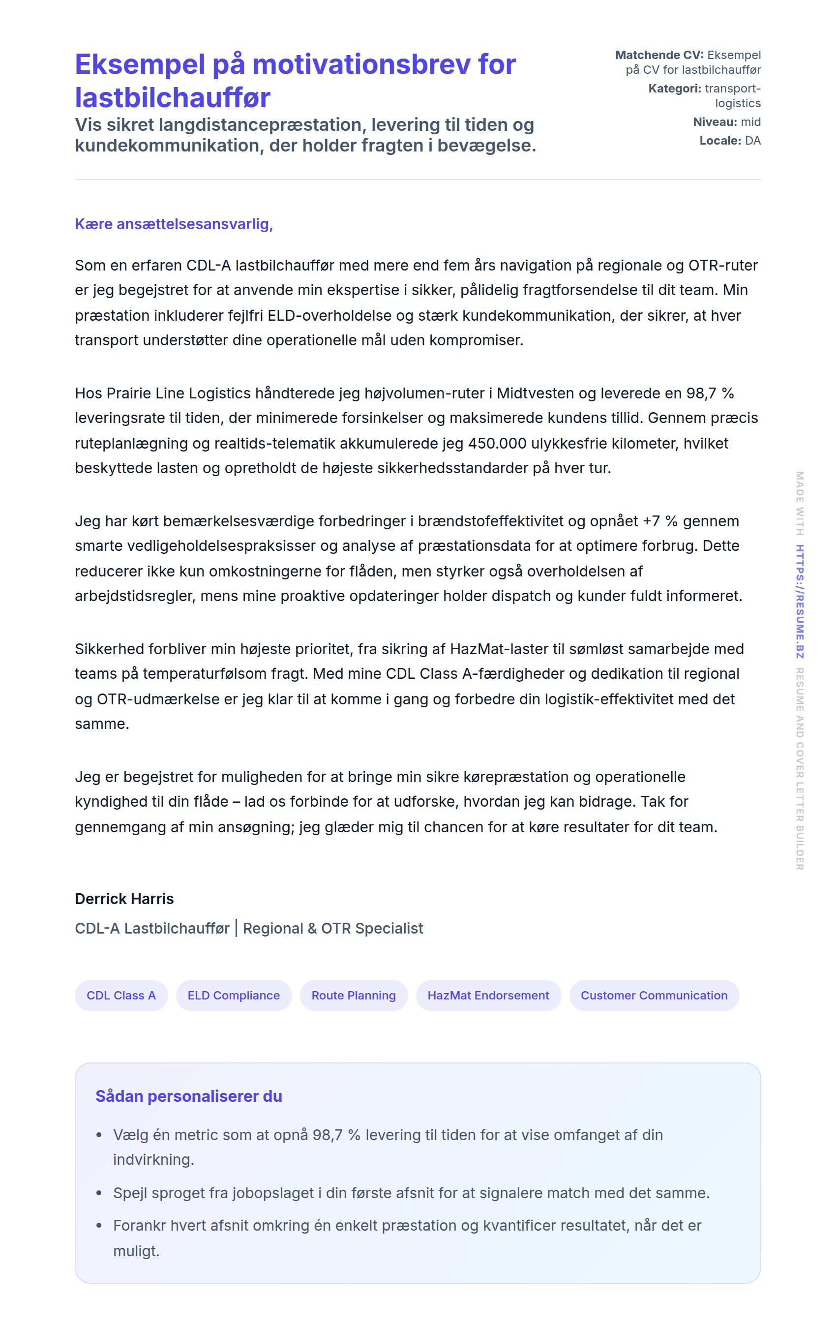 Ansøgningsbrev forhåndsvisning for Eksempel på motivationsbrev for lastbilchauffør