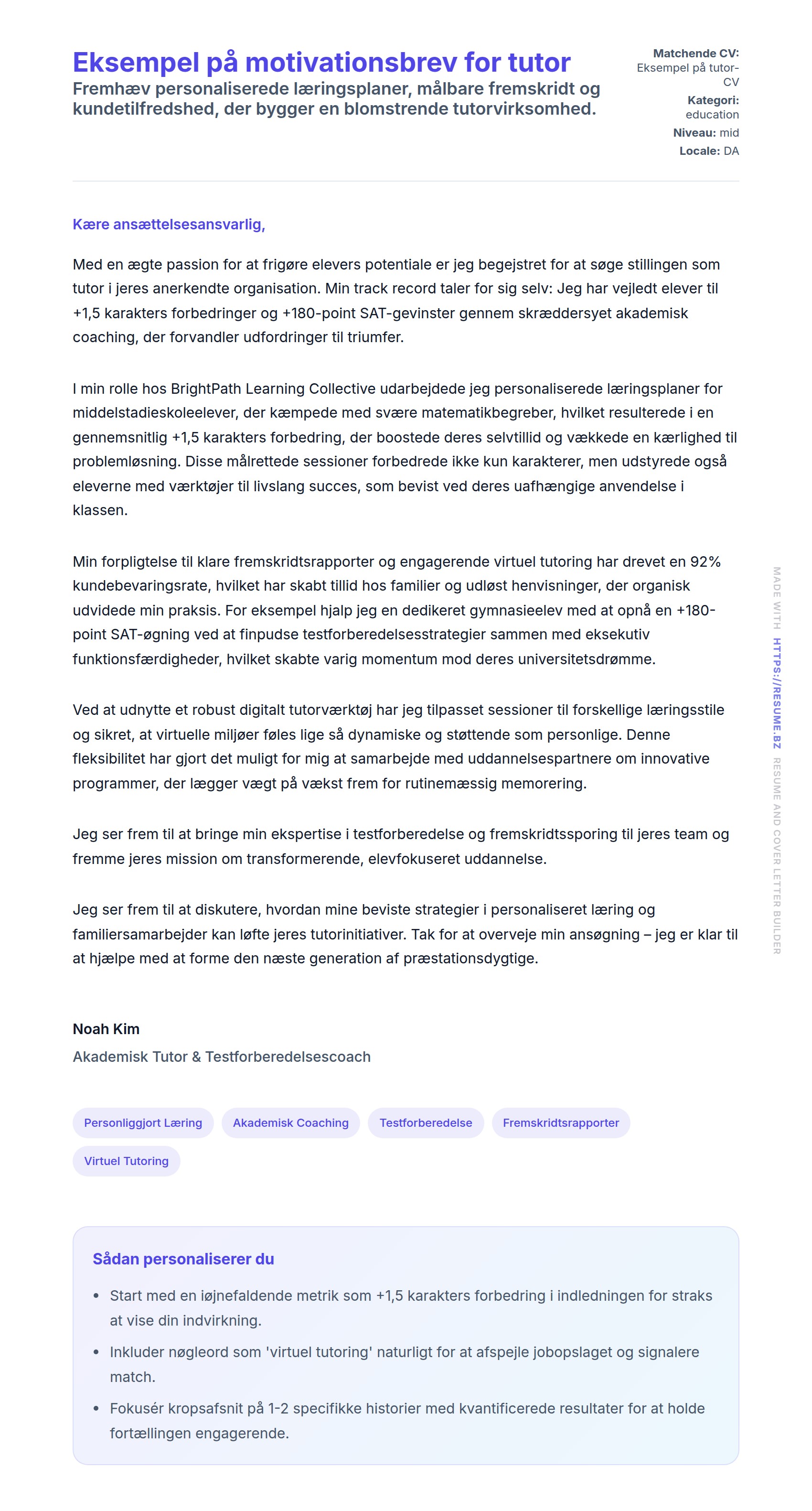 Eksempel på motivationsbrev for tutor