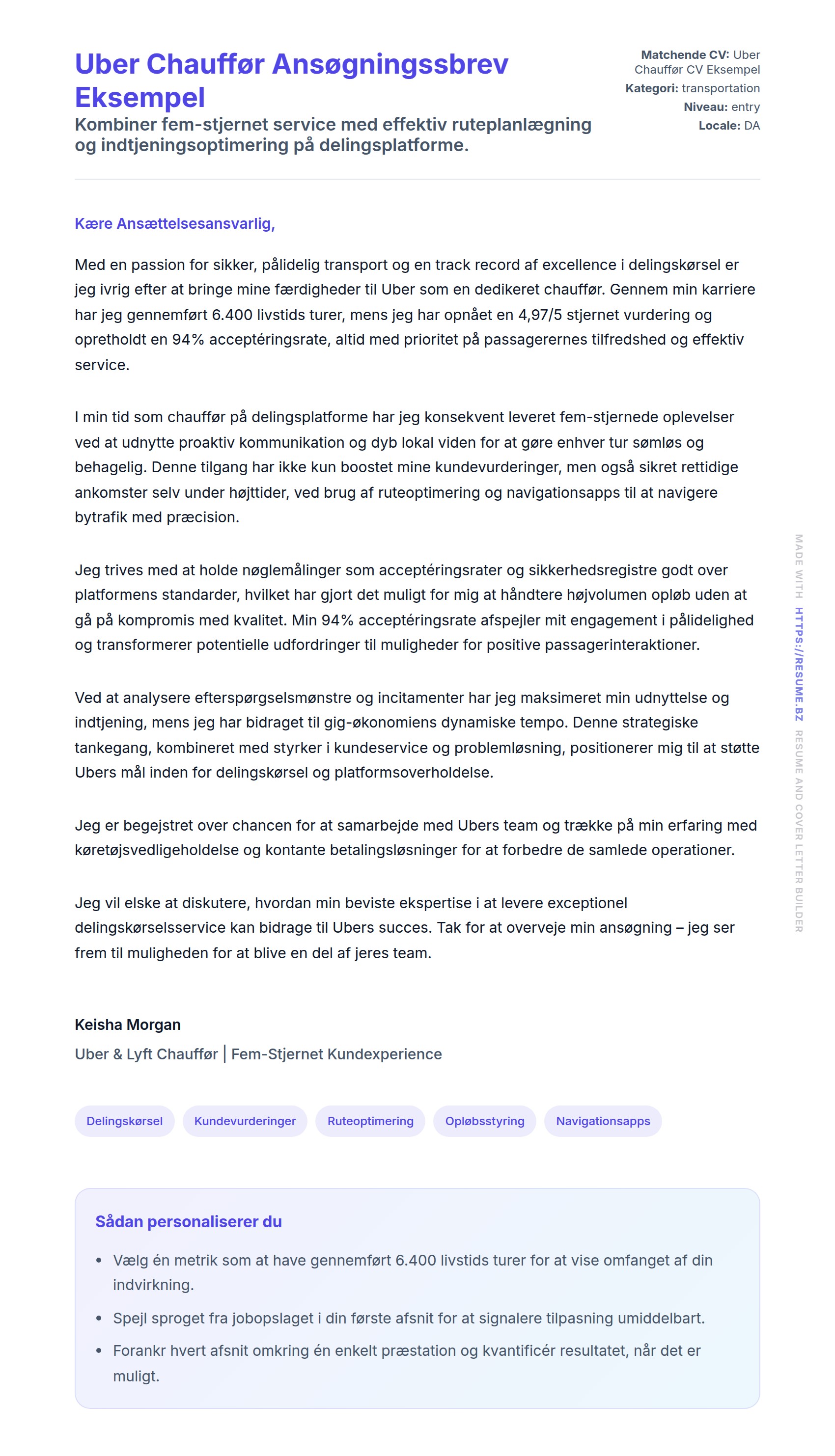 Ansøgningsbrev forhåndsvisning for Uber Chauffør Ansøgningssbrev Eksempel