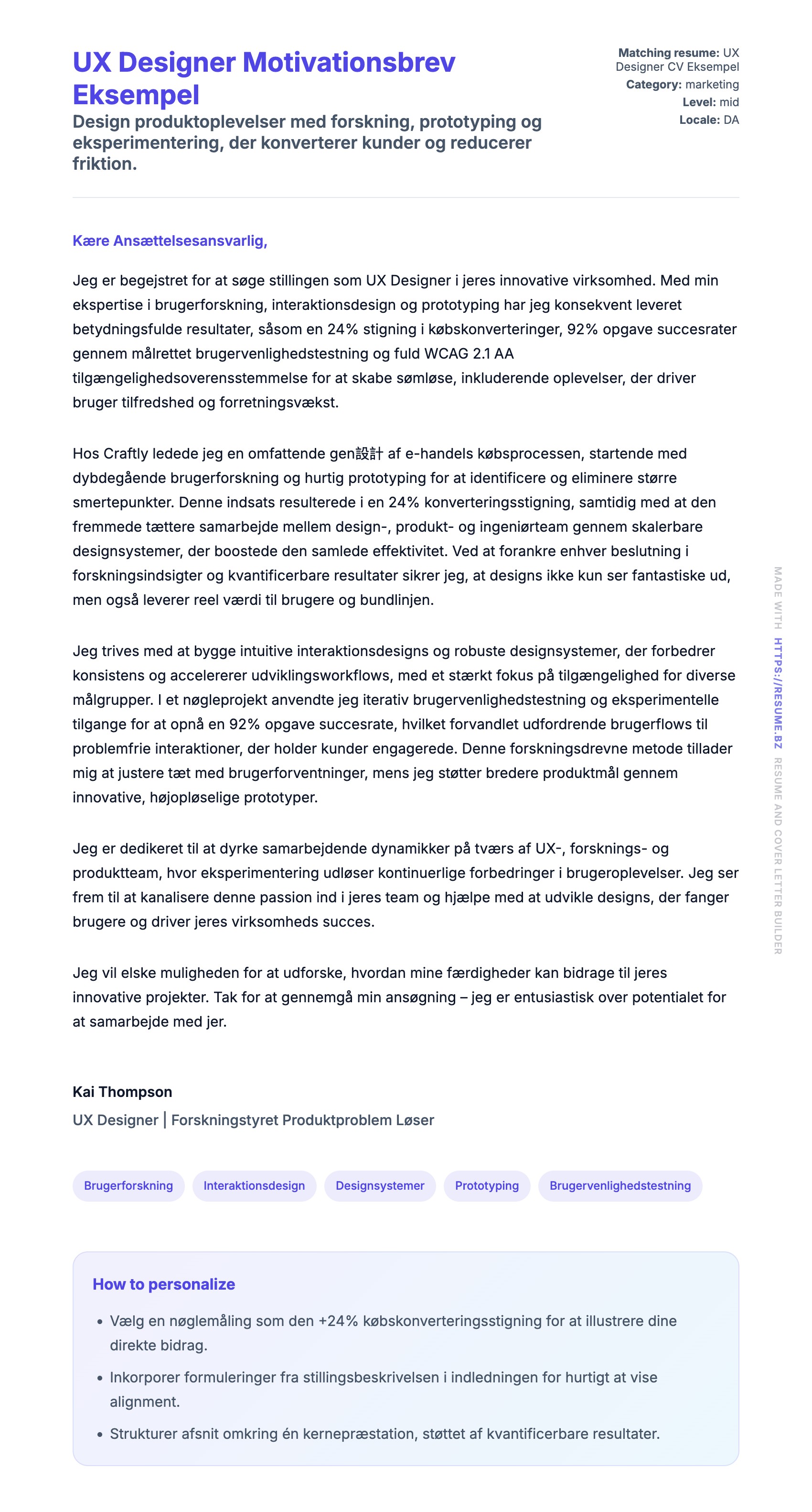 Ansøgningsbrev forhåndsvisning for UX Designer Motivationsbrev Eksempel