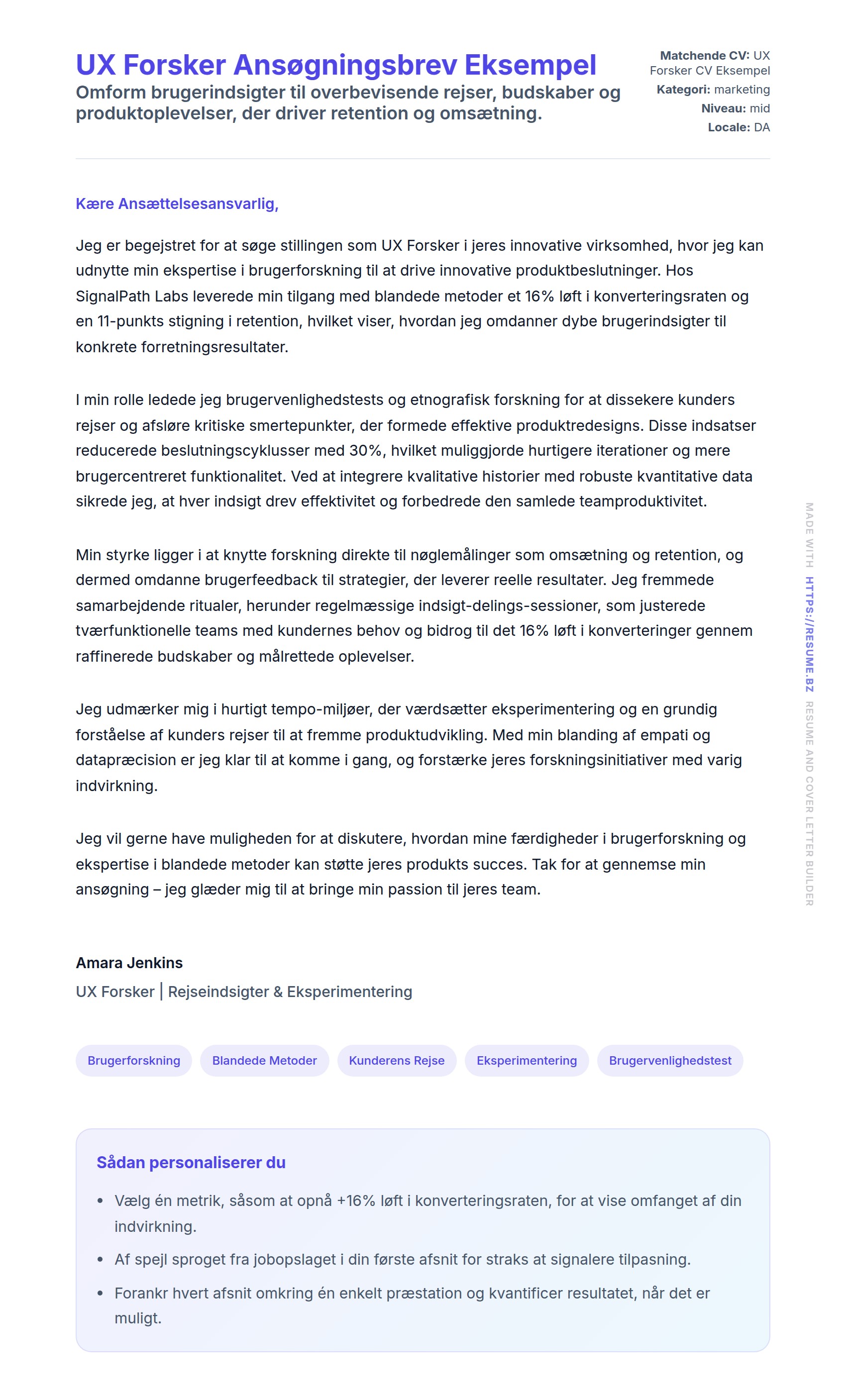 Ansøgningsbrev forhåndsvisning for UX Forsker Ansøgningsbrev Eksempel