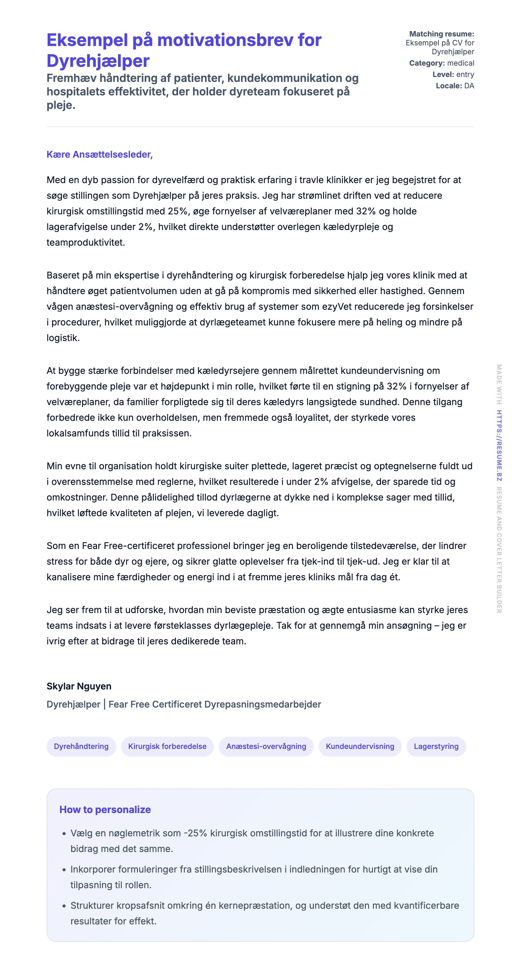 Ansøgningsbrev forhåndsvisning for Eksempel på motivationsbrev for Dyrehjælper