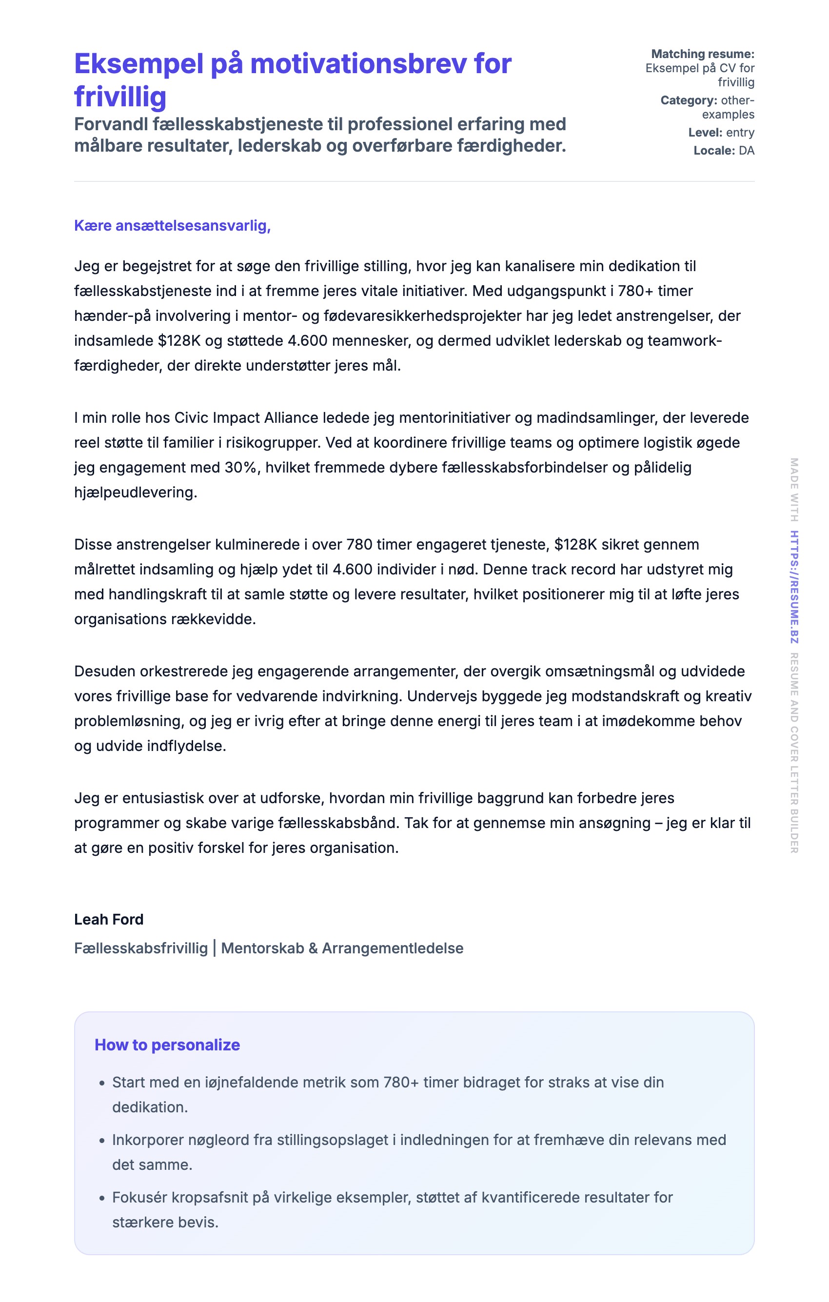 Ansøgningsbrev forhåndsvisning for Eksempel på motivationsbrev for frivillig