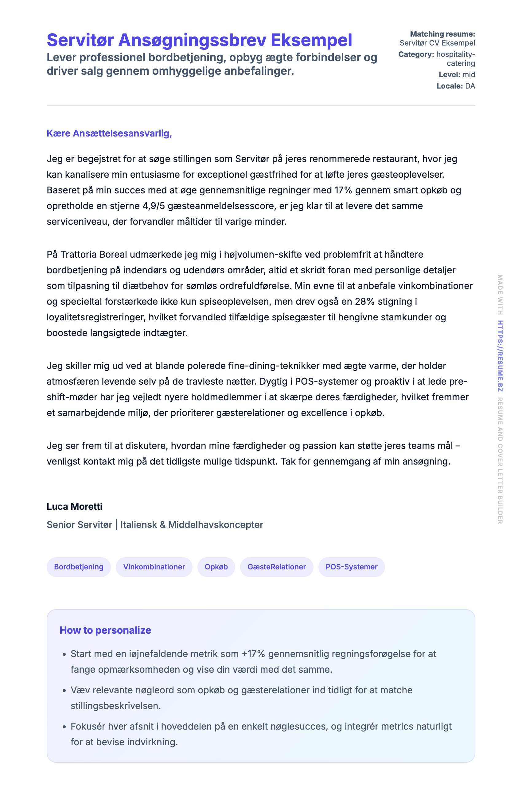 Ansøgningsbrev forhåndsvisning for Servitør Ansøgningssbrev Eksempel