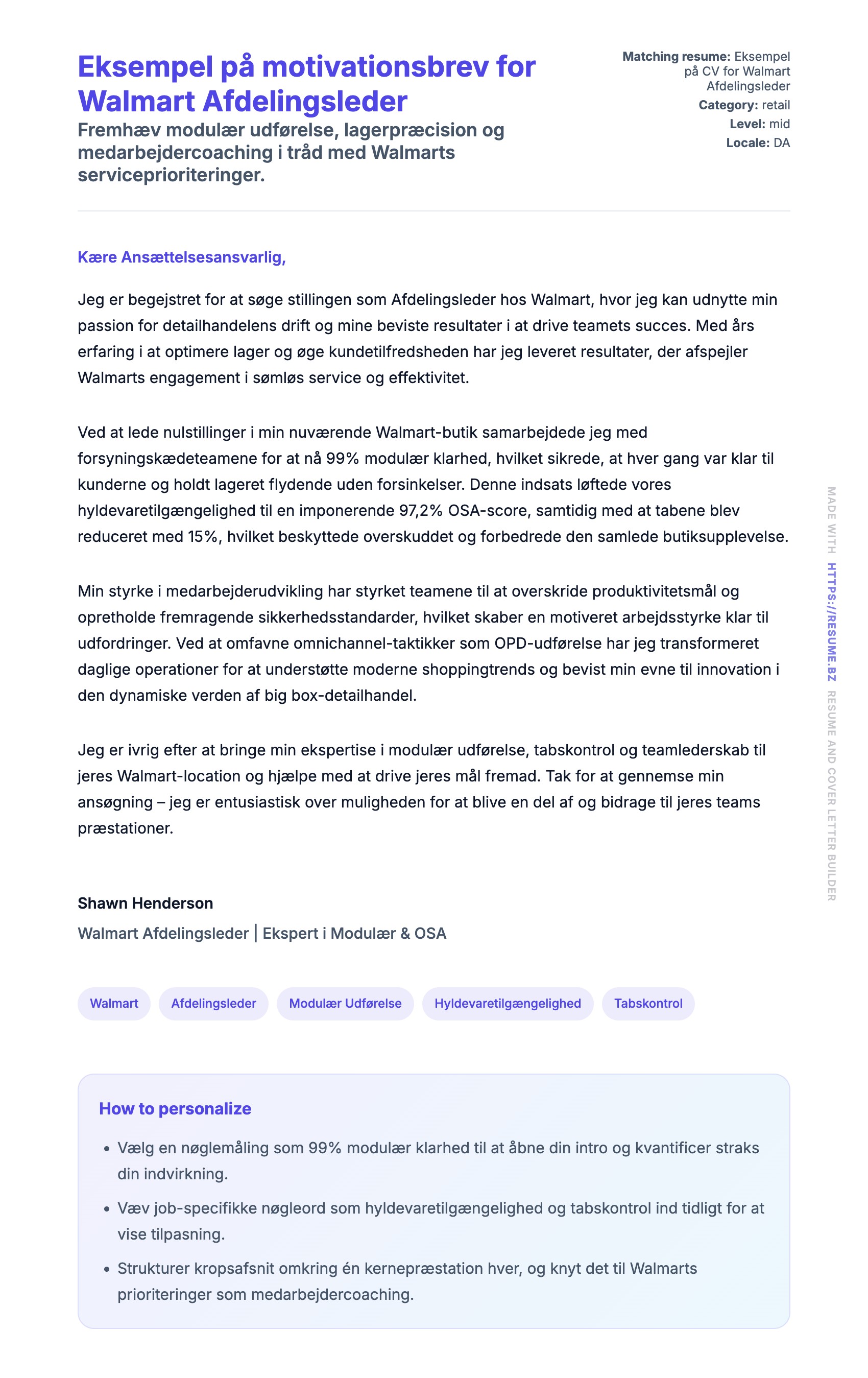 Ansøgningsbrev forhåndsvisning for Eksempel på motivationsbrev for Walmart Afdelingsleder