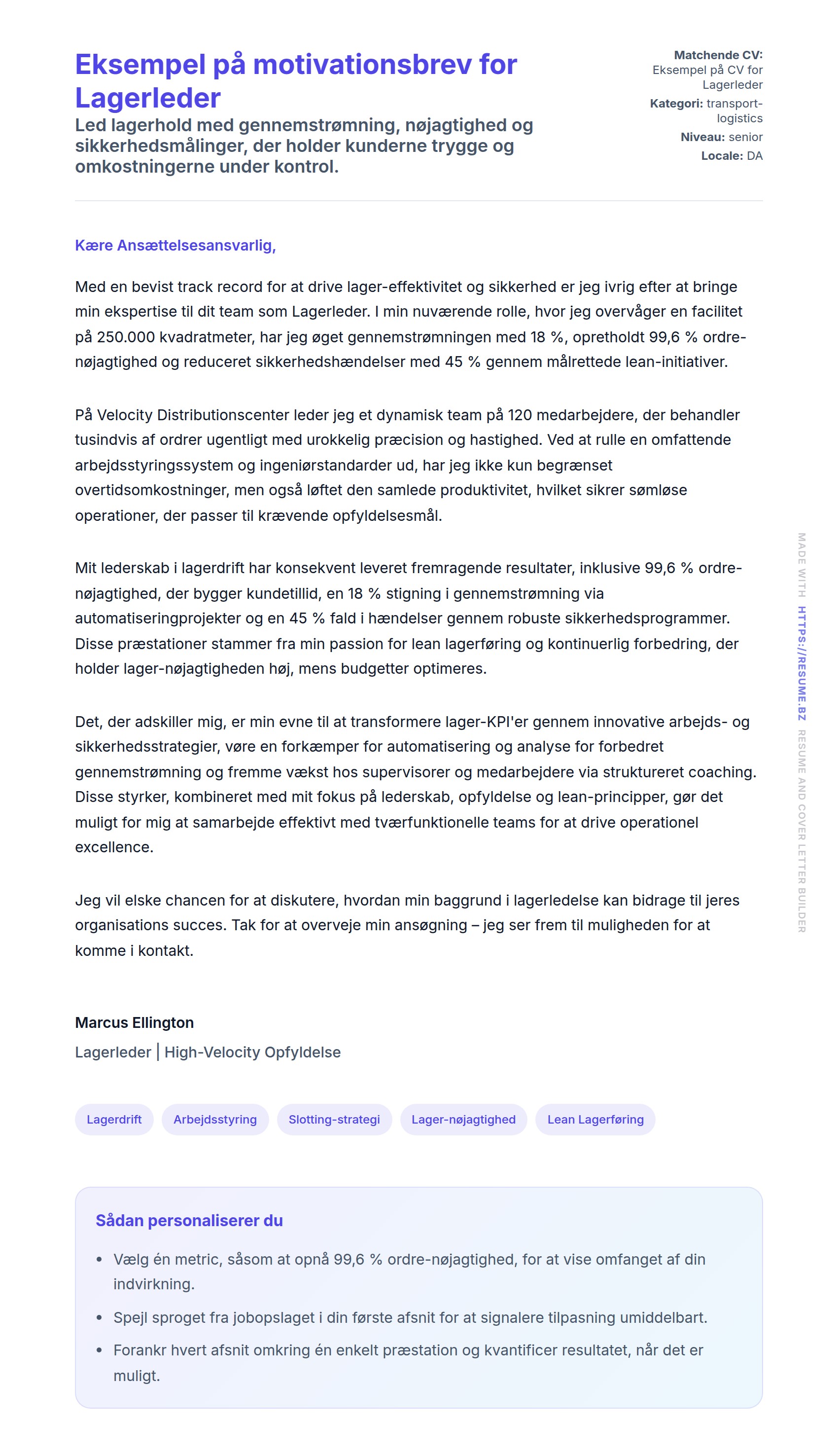 Ansøgningsbrev forhåndsvisning for Eksempel på motivationsbrev for Lagerleder