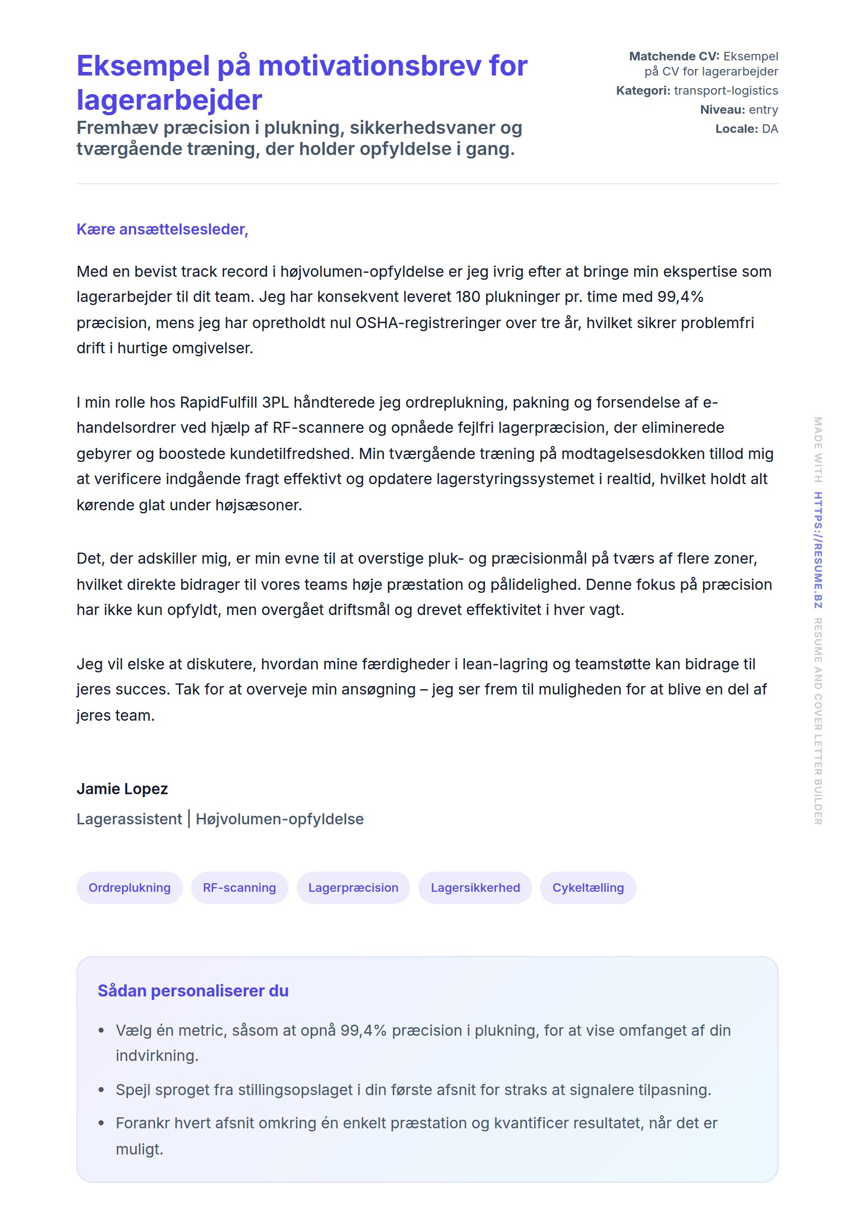 Ansøgningsbrev forhåndsvisning for Eksempel på motivationsbrev for lagerarbejder
