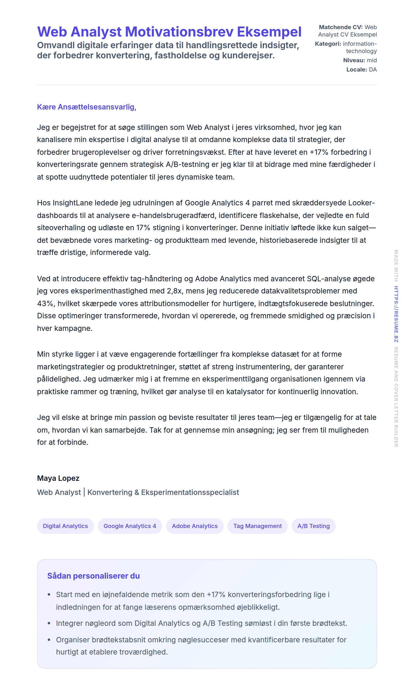 Ansøgningsbrev forhåndsvisning for Web Analyst Motivationsbrev Eksempel