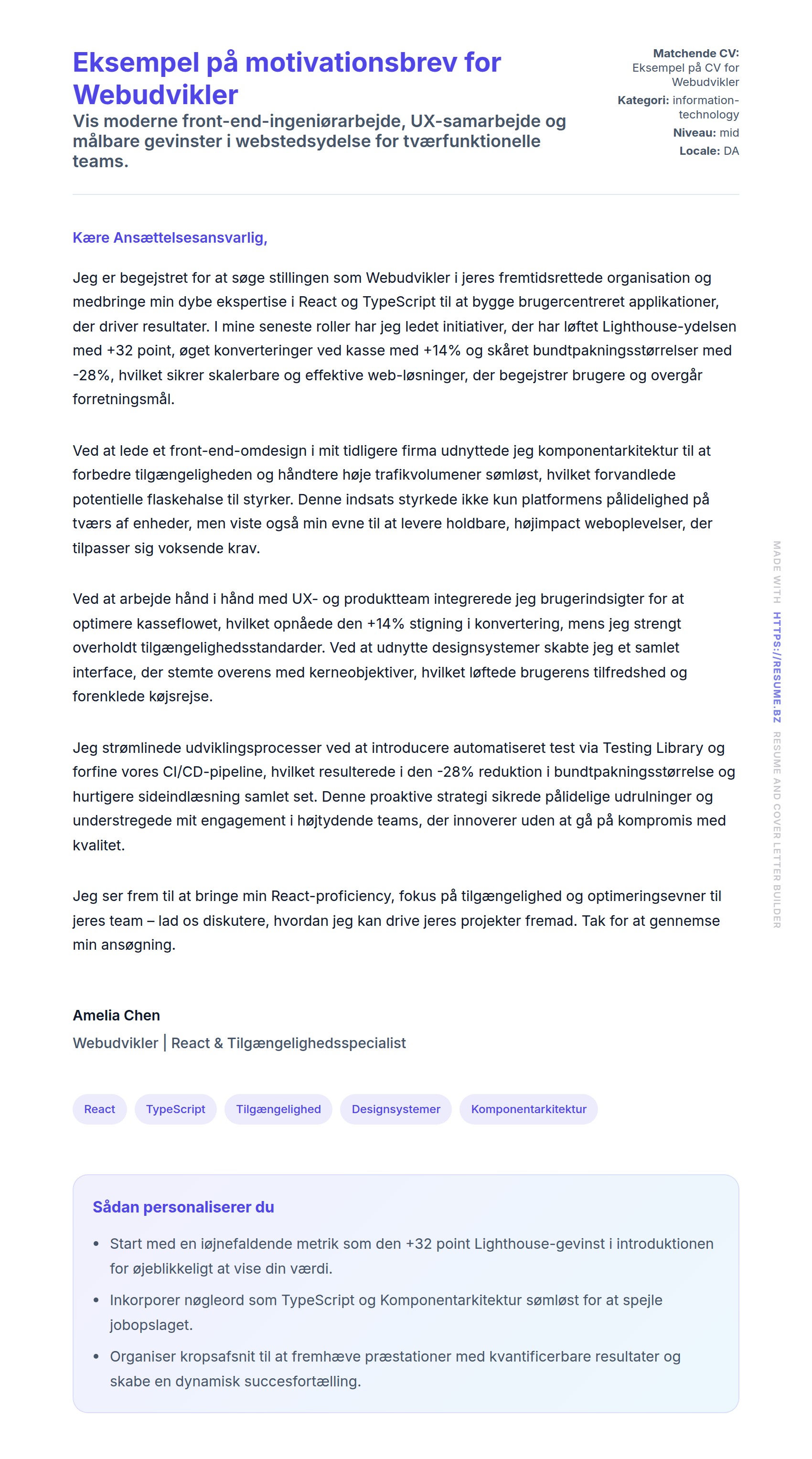 Eksempel på motivationsbrev for Webudvikler