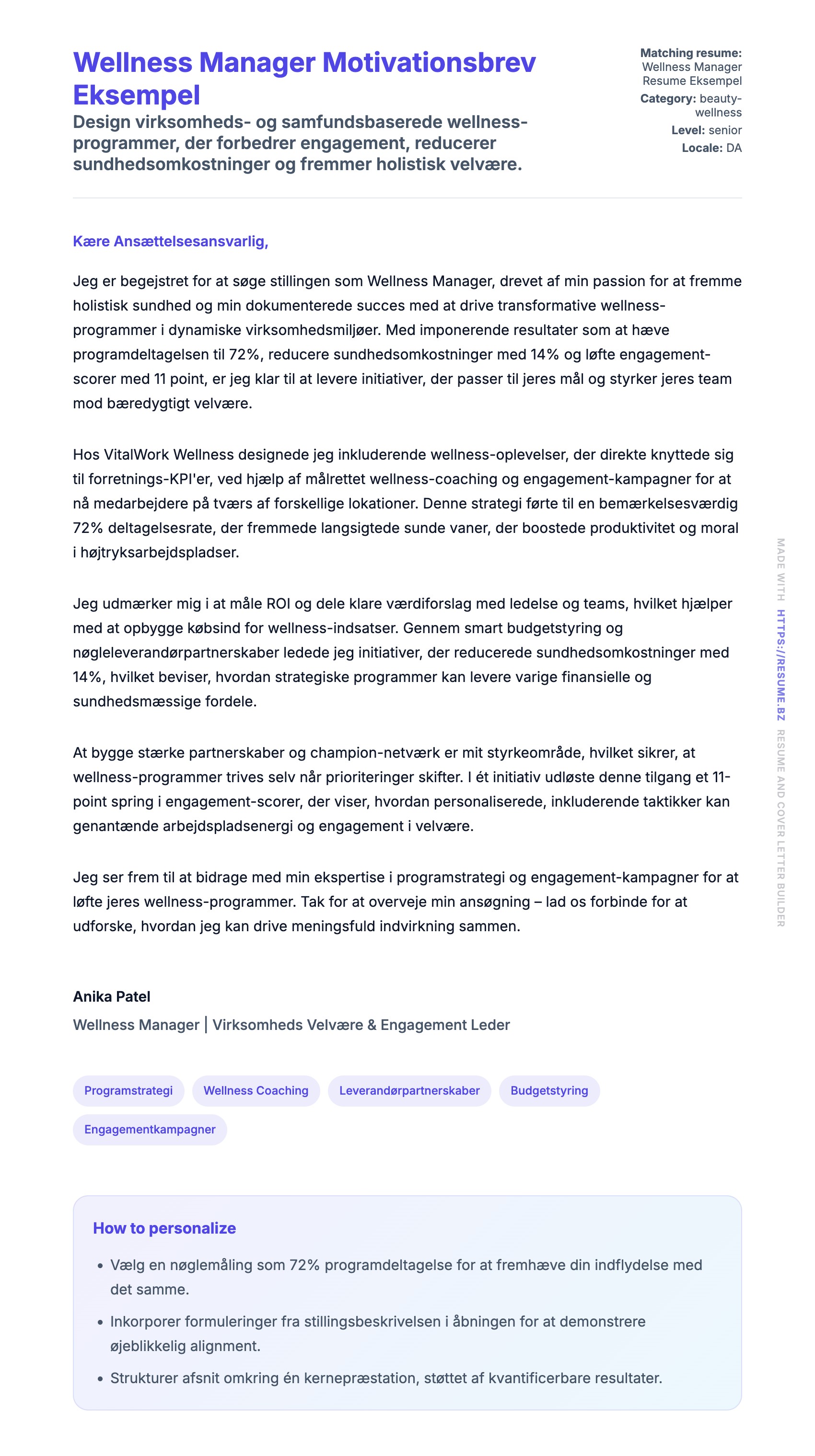 Ansøgningsbrev forhåndsvisning for Wellness Manager Motivationsbrev Eksempel