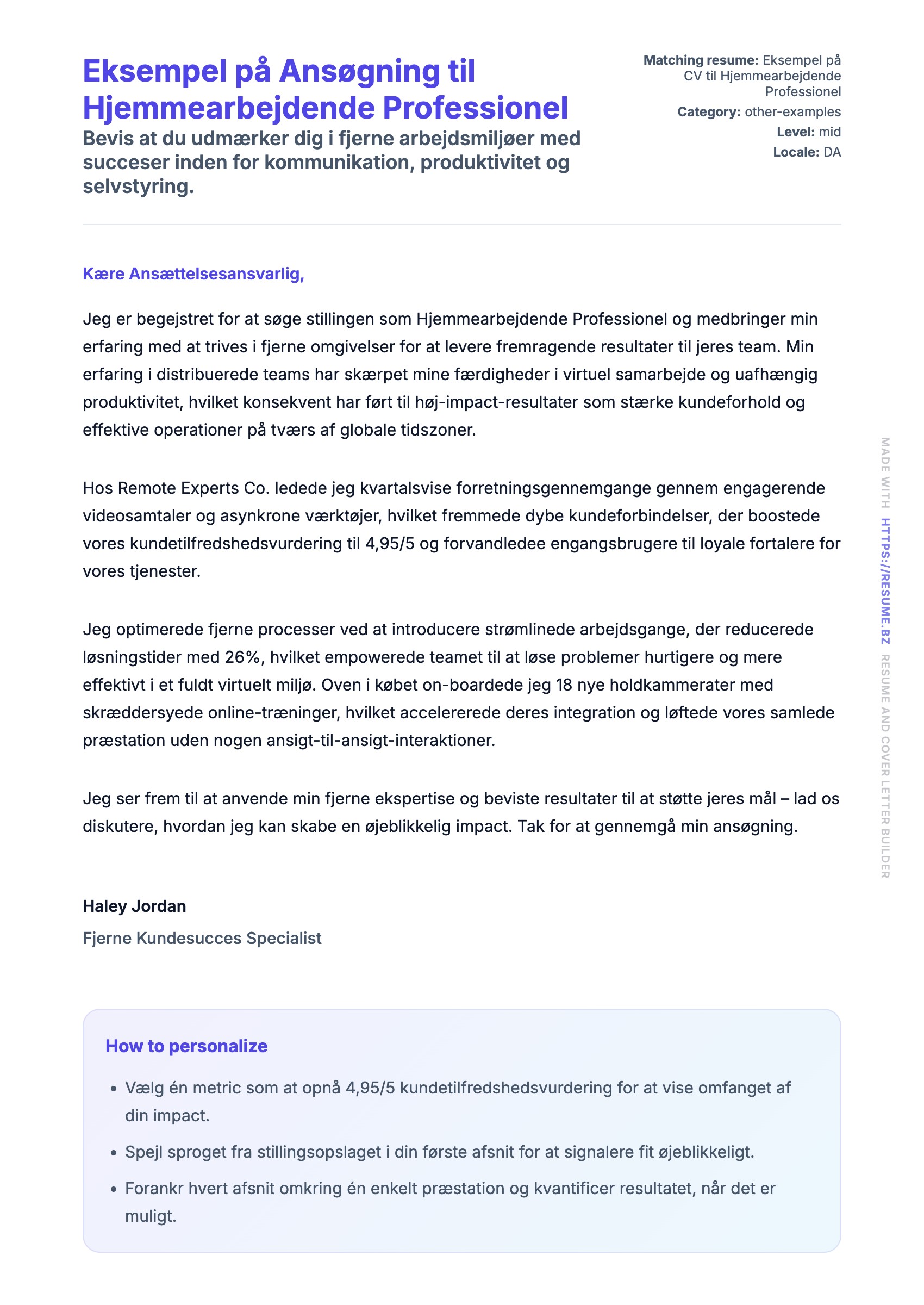 Ansøgningsbrev forhåndsvisning for Eksempel på Ansøgning til Hjemmearbejdende Professionel