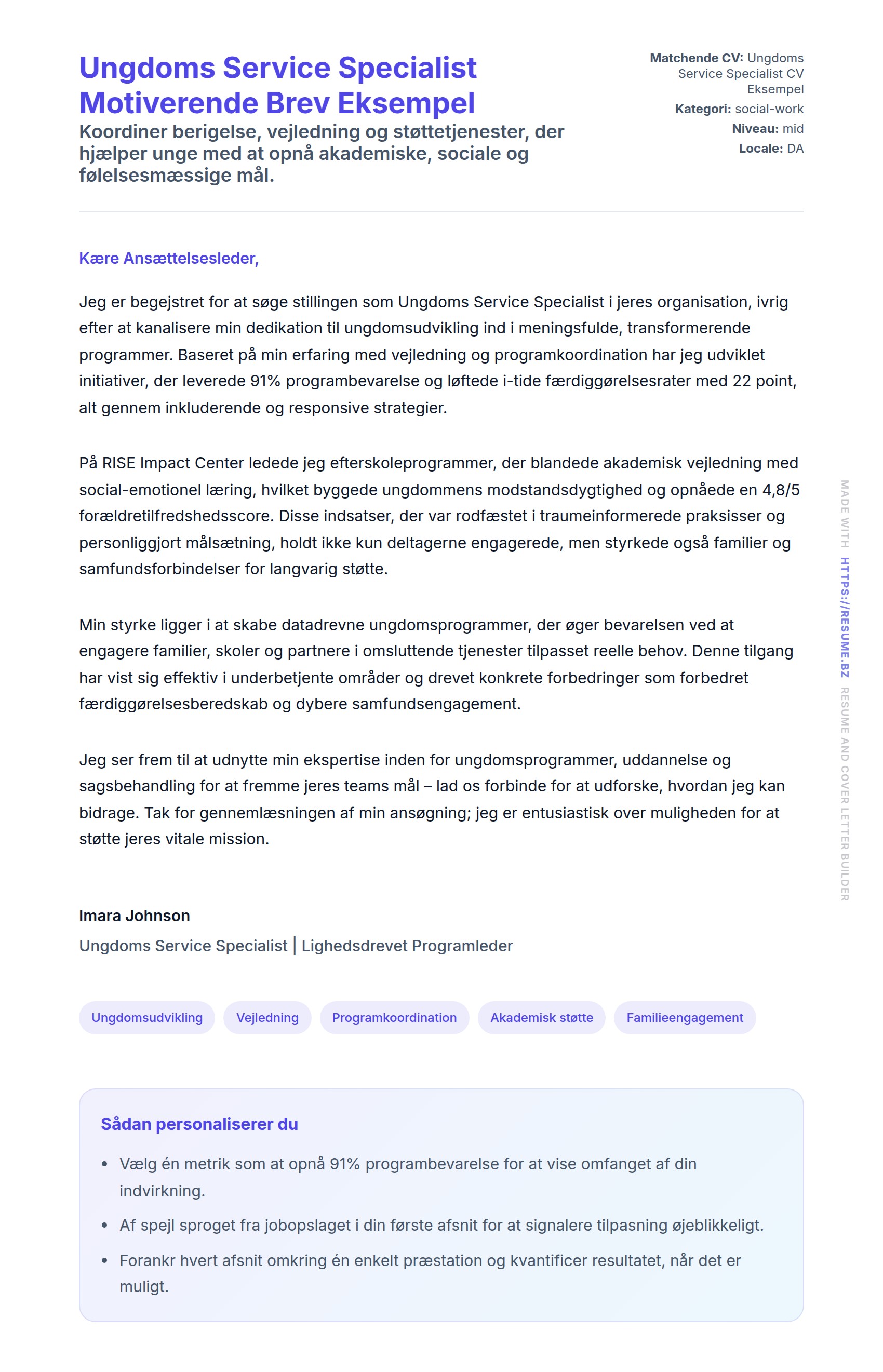 Ansøgningsbrev forhåndsvisning for Ungdoms Service Specialist Motiverende Brev Eksempel