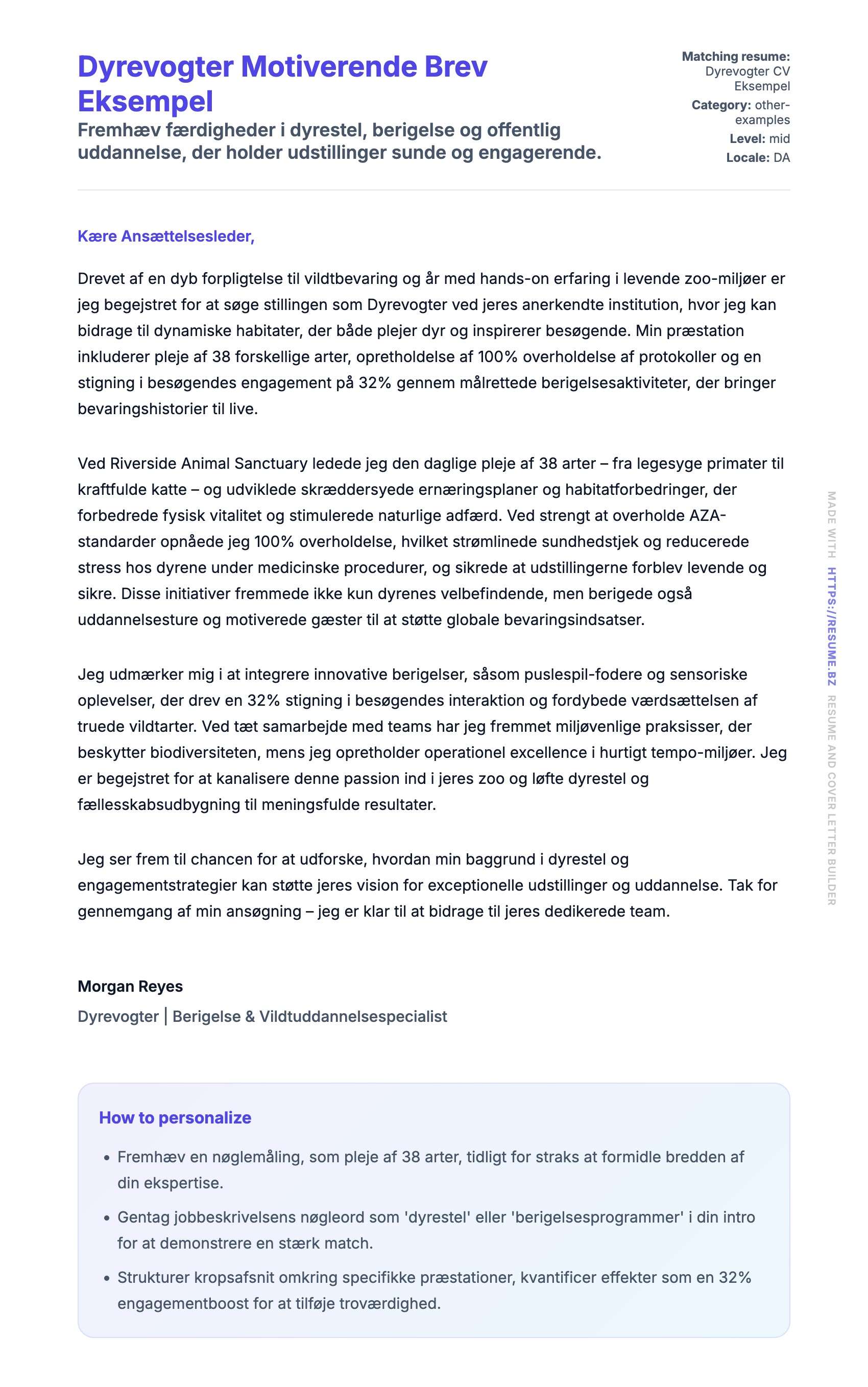 Ansøgningsbrev forhåndsvisning for Dyrevogter Motiverende Brev Eksempel