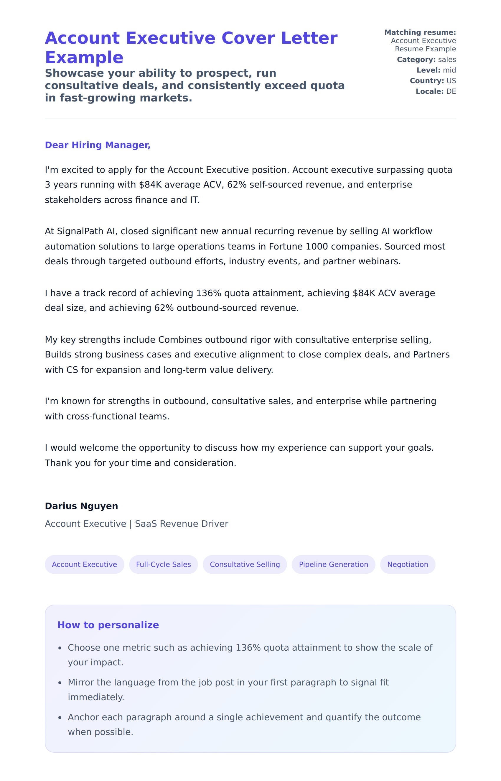 Cover Letter preview for Account Executive Cover Letter Example