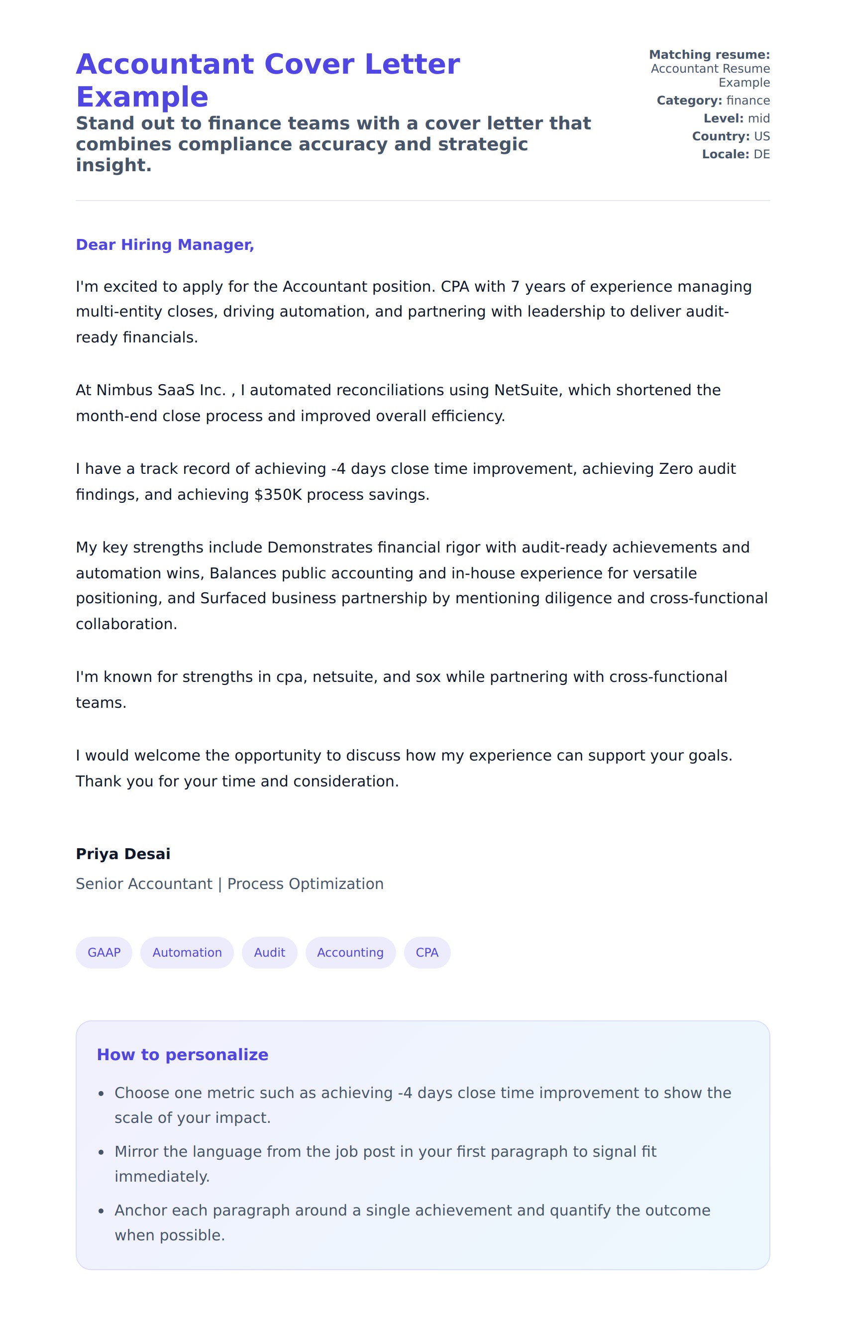 Cover Letter preview for Accountant Cover Letter Example
