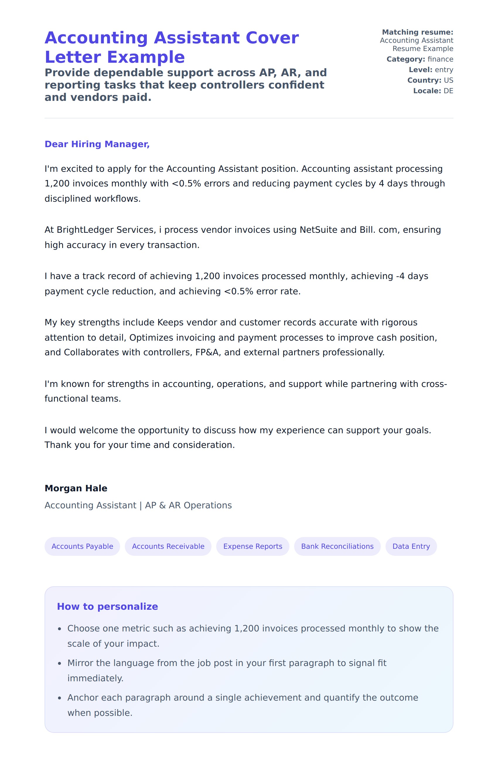 Cover Letter preview for Accounting Assistant Cover Letter Example