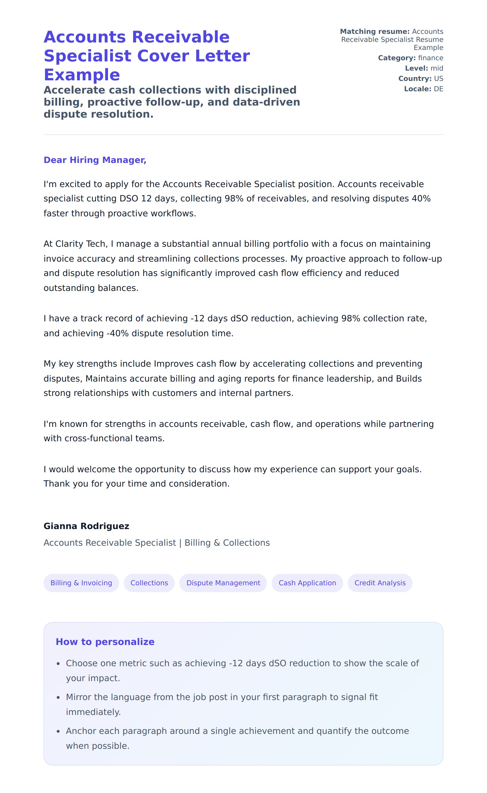 Cover Letter preview for Accounts Receivable Specialist Cover Letter Example
