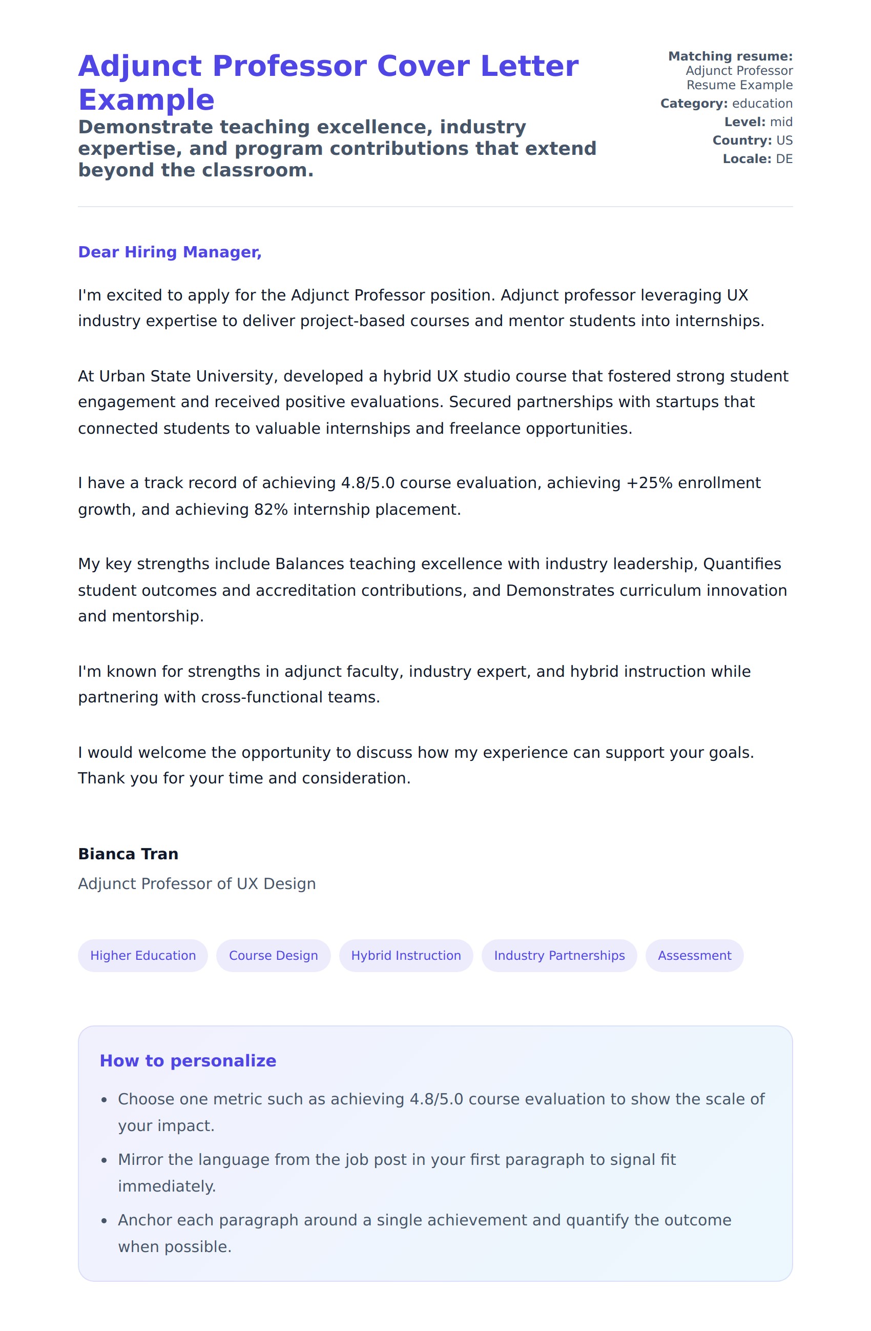 Cover Letter preview for Adjunct Professor Cover Letter Example