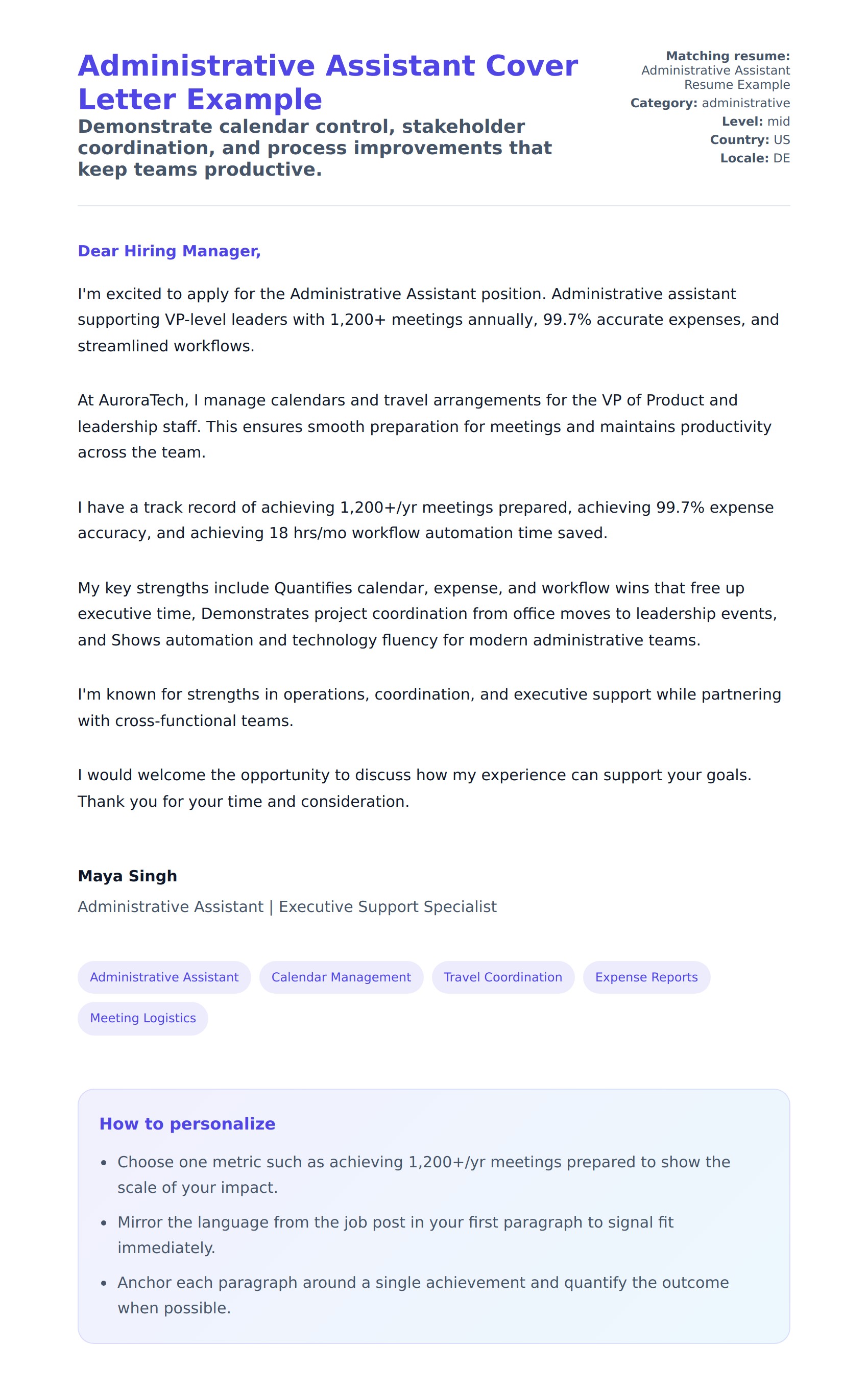Administrative Assistant Cover Letter Example