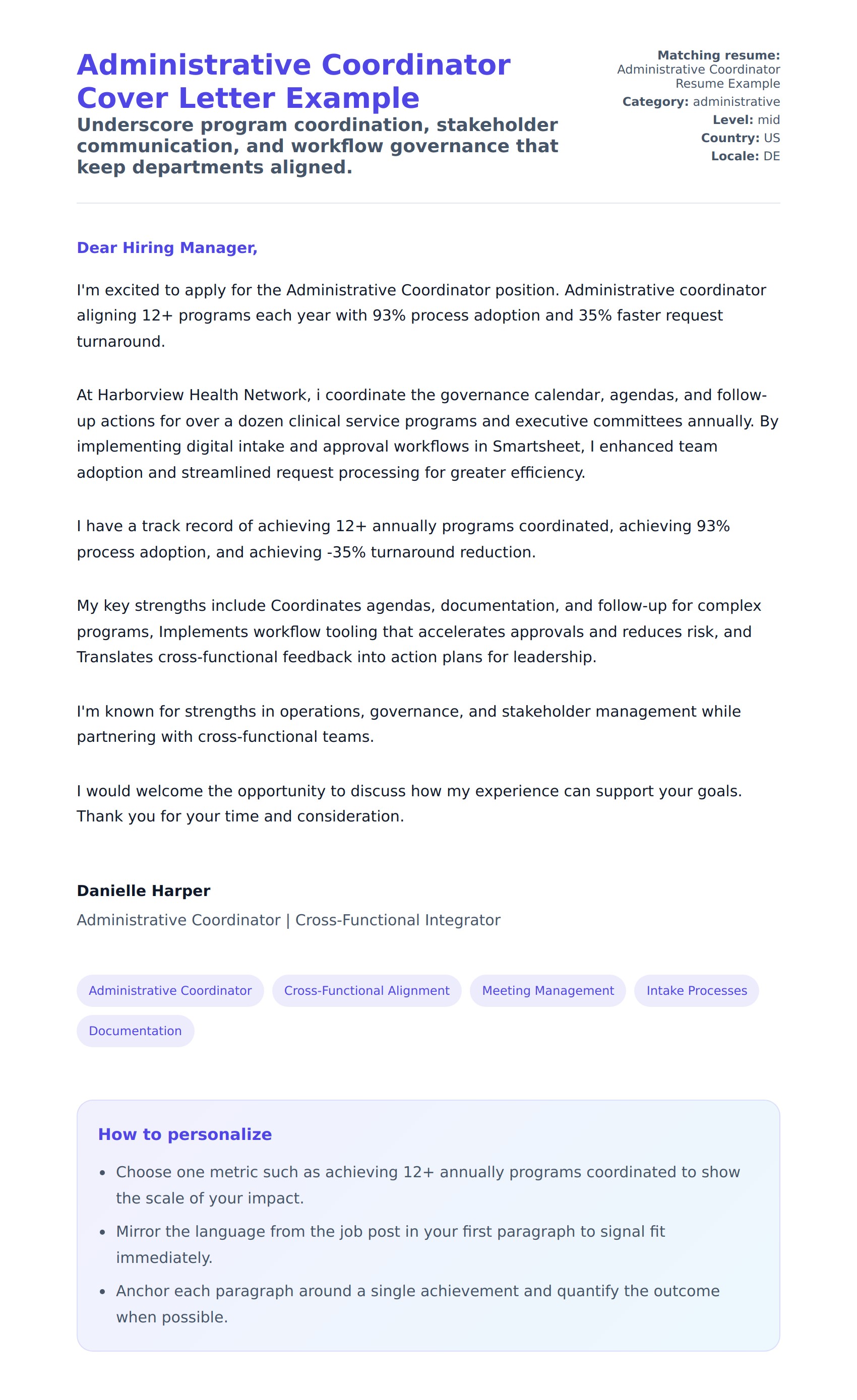 Cover Letter preview for Administrative Coordinator Cover Letter Example