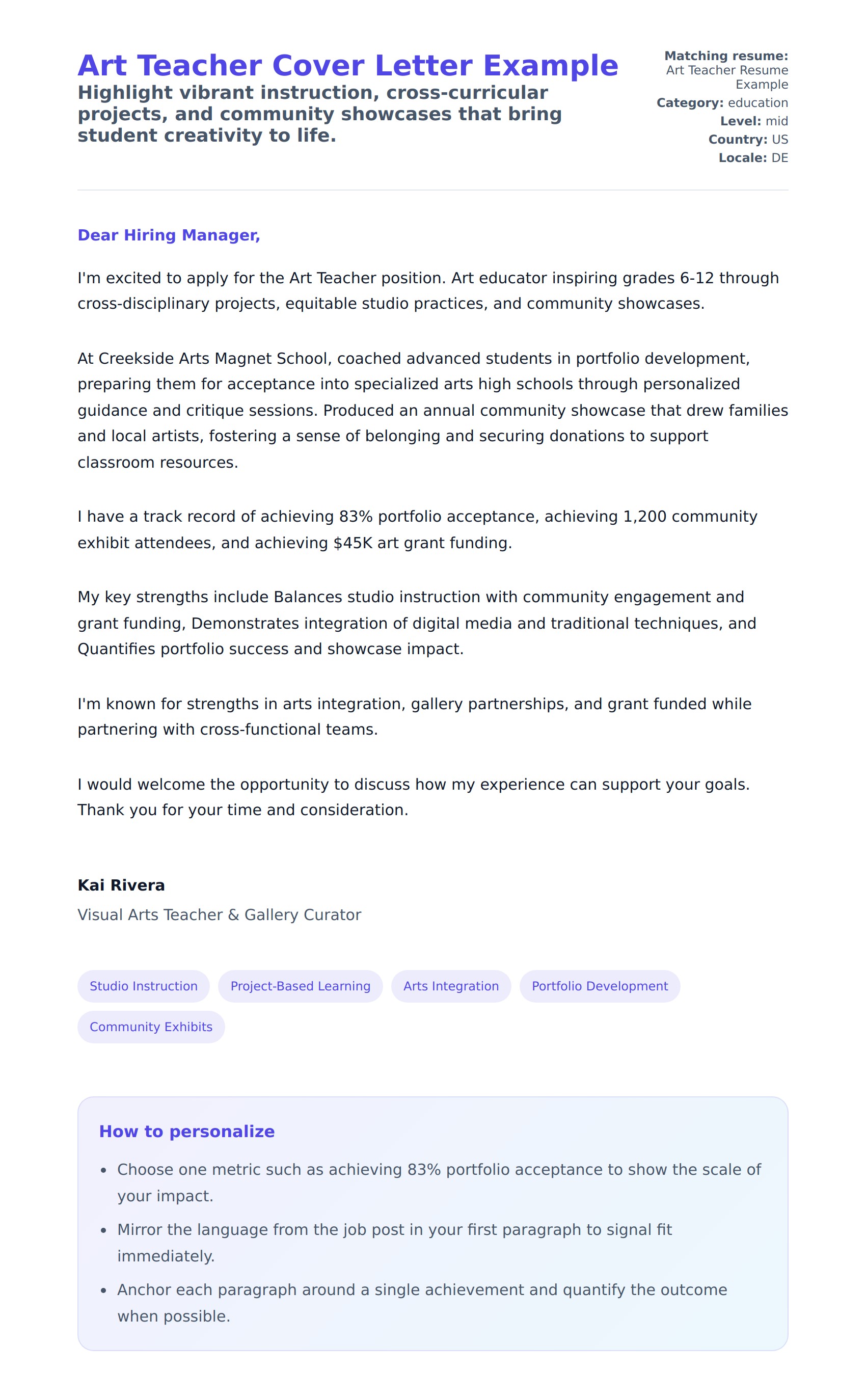 Cover Letter preview for Art Teacher Cover Letter Example