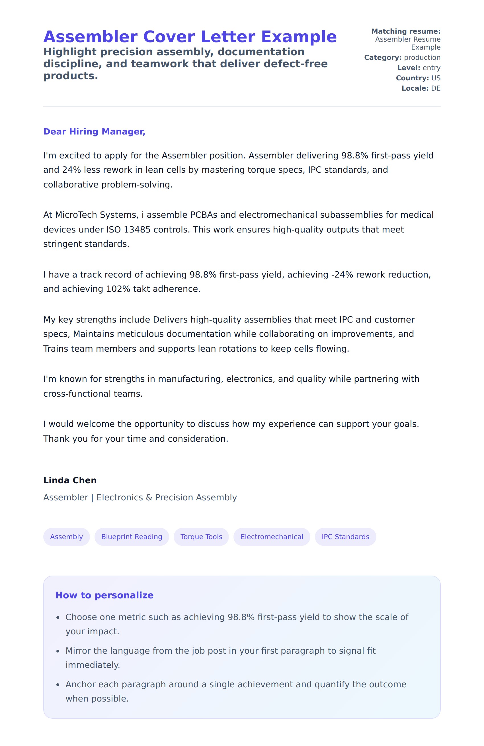 Cover Letter preview for Assembler Cover Letter Example