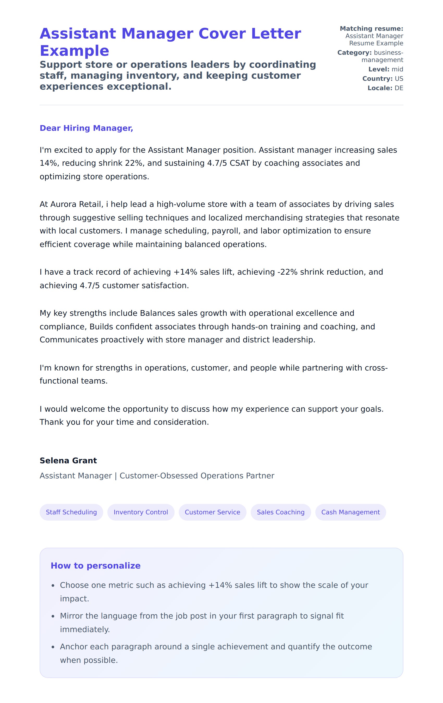 Cover Letter preview for Assistant Manager Cover Letter Example
