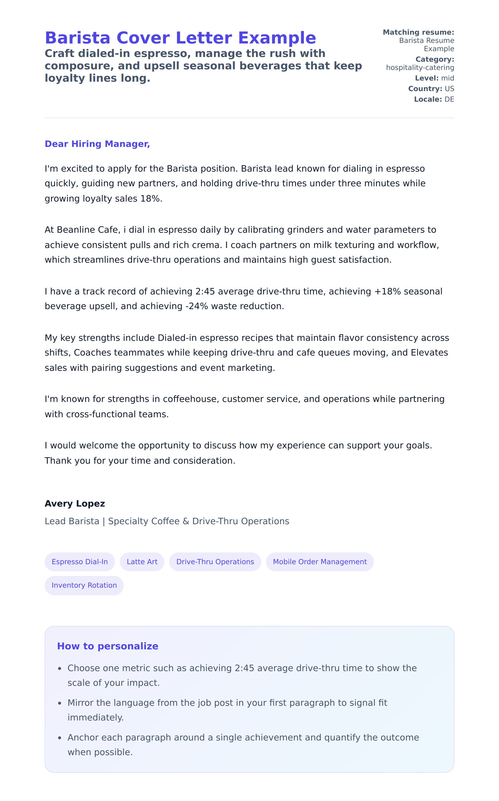 Cover Letter preview for Barista Cover Letter Example