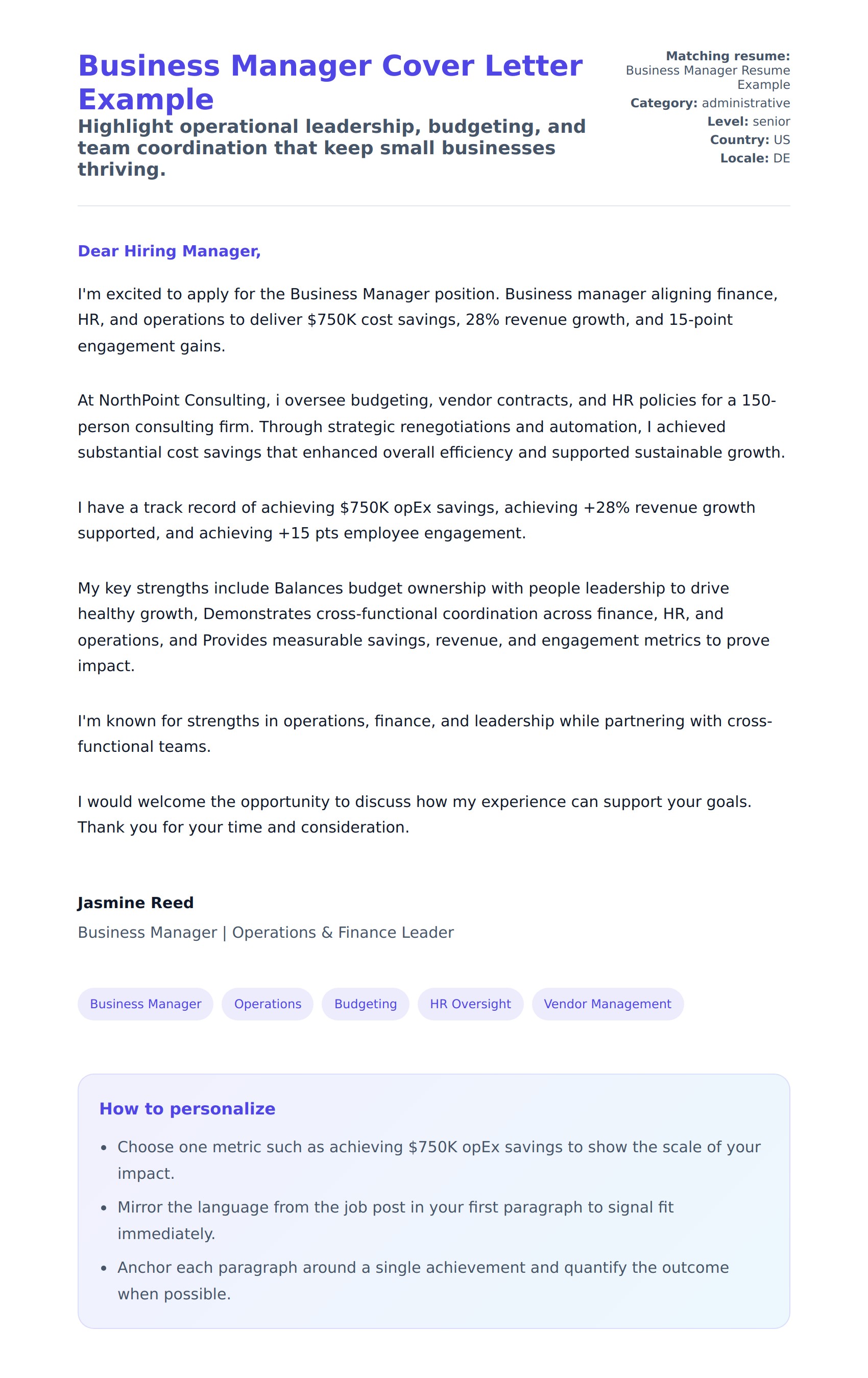 Cover Letter preview for Business Manager Cover Letter Example