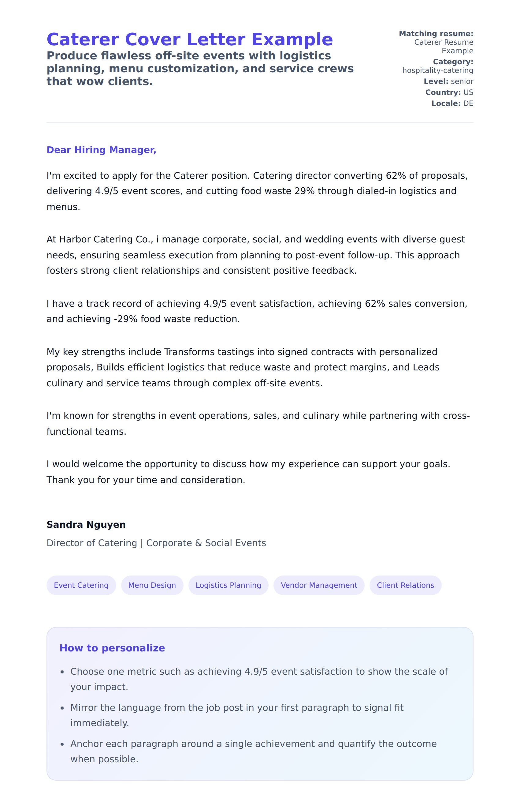 Cover Letter preview for Caterer Cover Letter Example