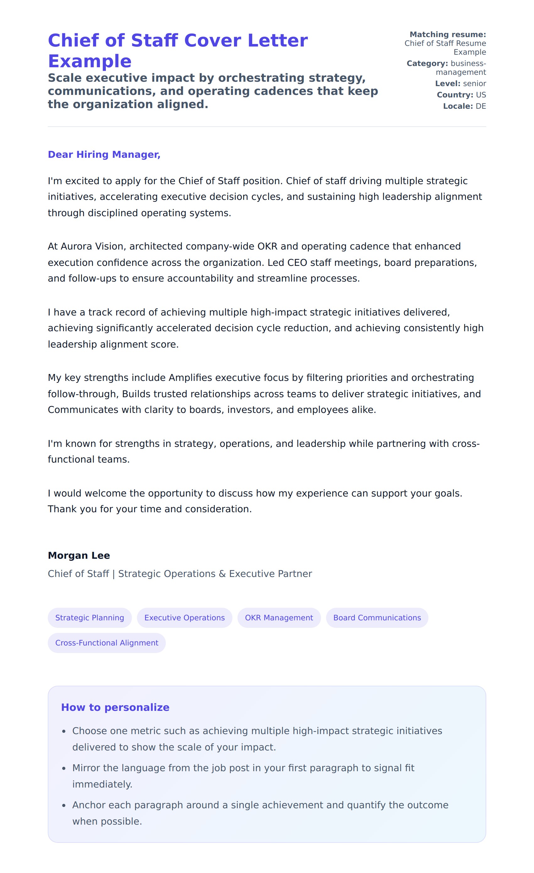 Cover Letter preview for Chief of Staff Cover Letter Example