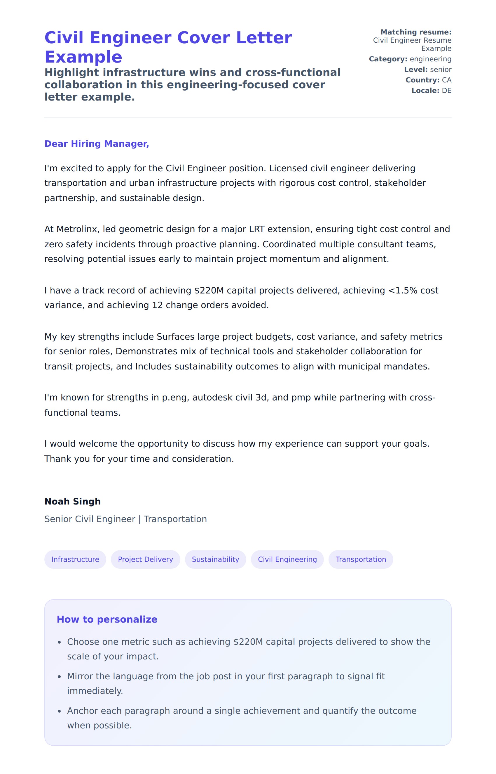 Cover Letter preview for Civil Engineer Cover Letter Example