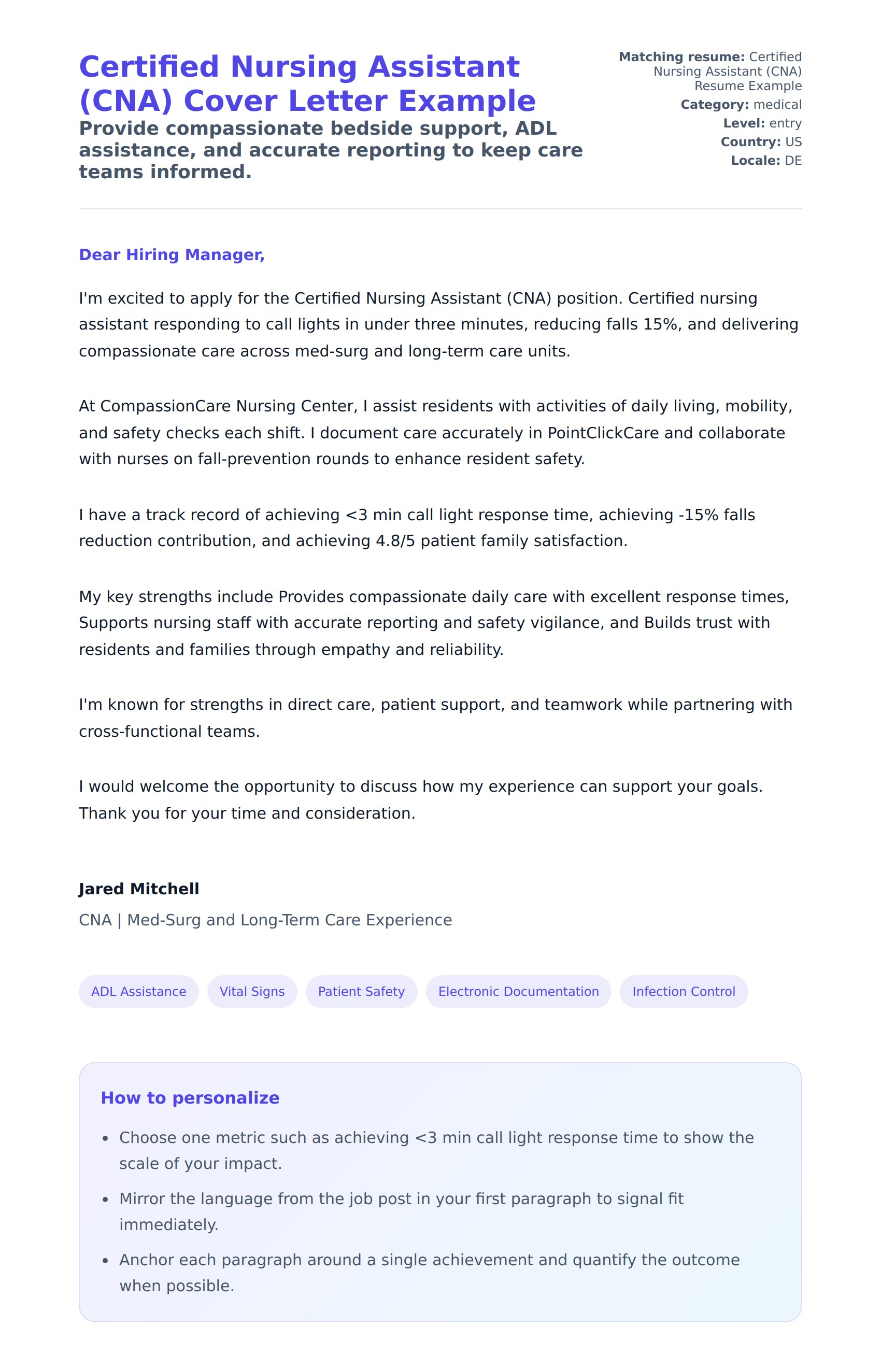 Cover Letter preview for Certified Nursing Assistant (CNA) Cover Letter Example
