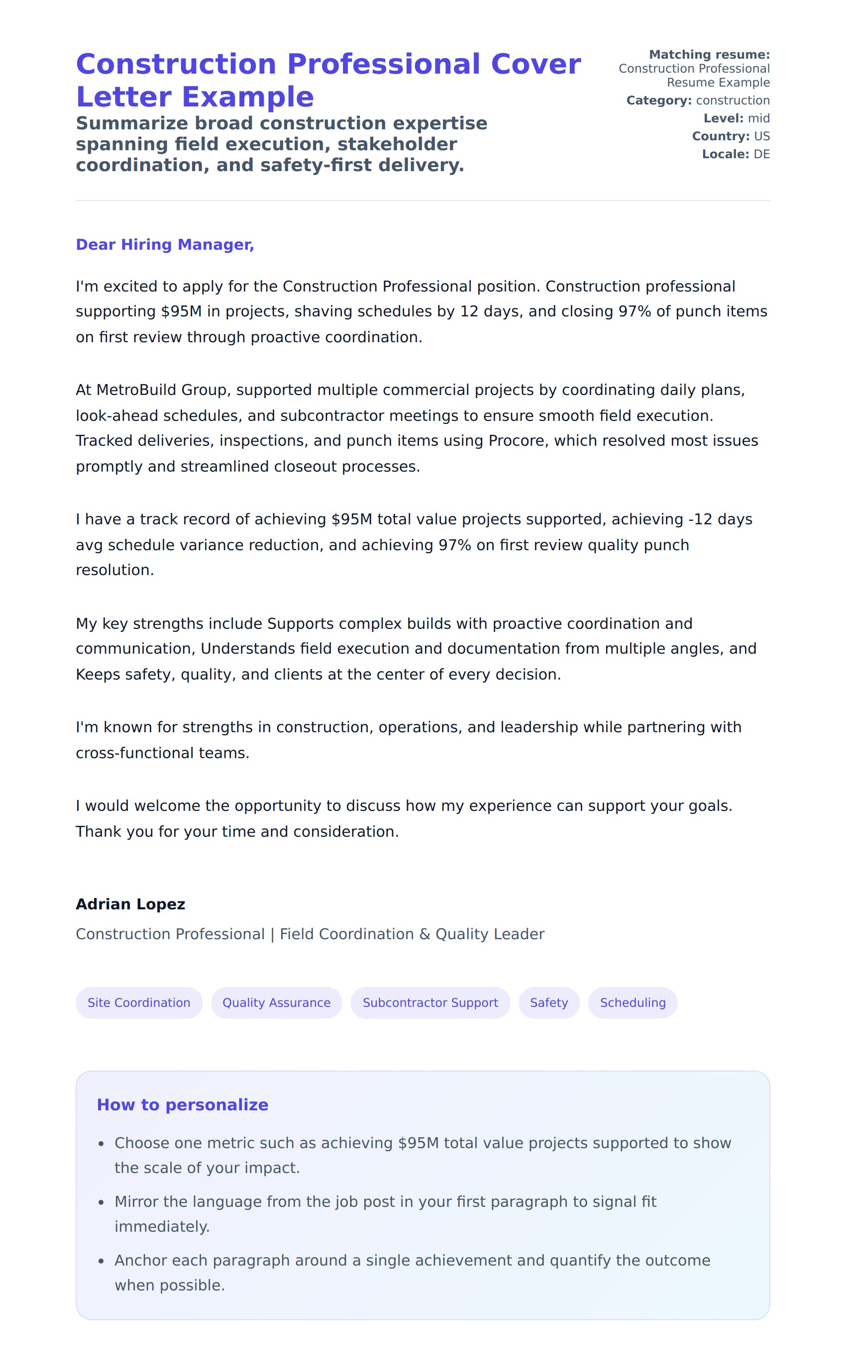 Cover Letter preview for Construction Professional Cover Letter Example