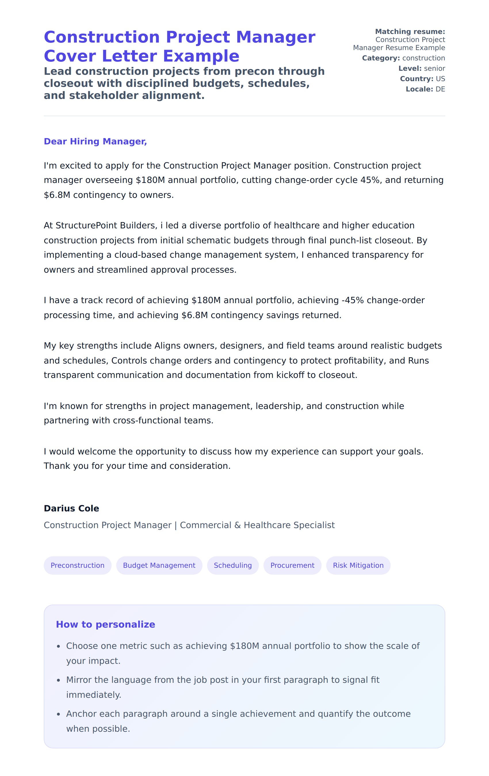 Cover Letter preview for Construction Project Manager Cover Letter Example